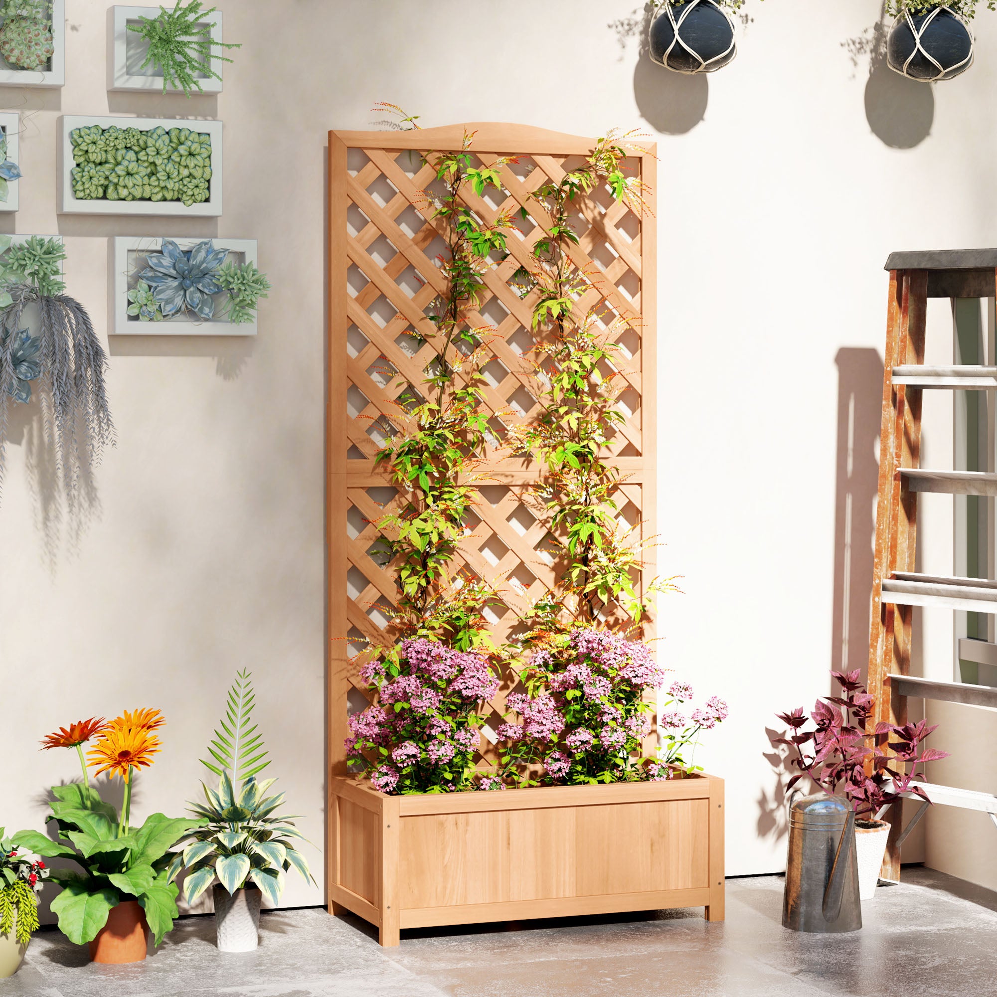 Outsunny Fioriera con Traliccio per Rampicanti e Fondo Ampio, in Legno di Abete, 76x36x170 cm, Marrone - 2