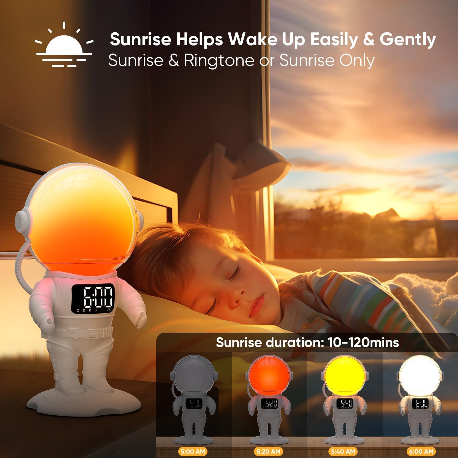 Réveil Enfant, Lampe de Réveil avec 7 Sonneries, 21 Sons Apaisants et Minuterie, Réveil Lumineux Enceinte Bluetooth, Lampe de Chevet Multicolore - 2