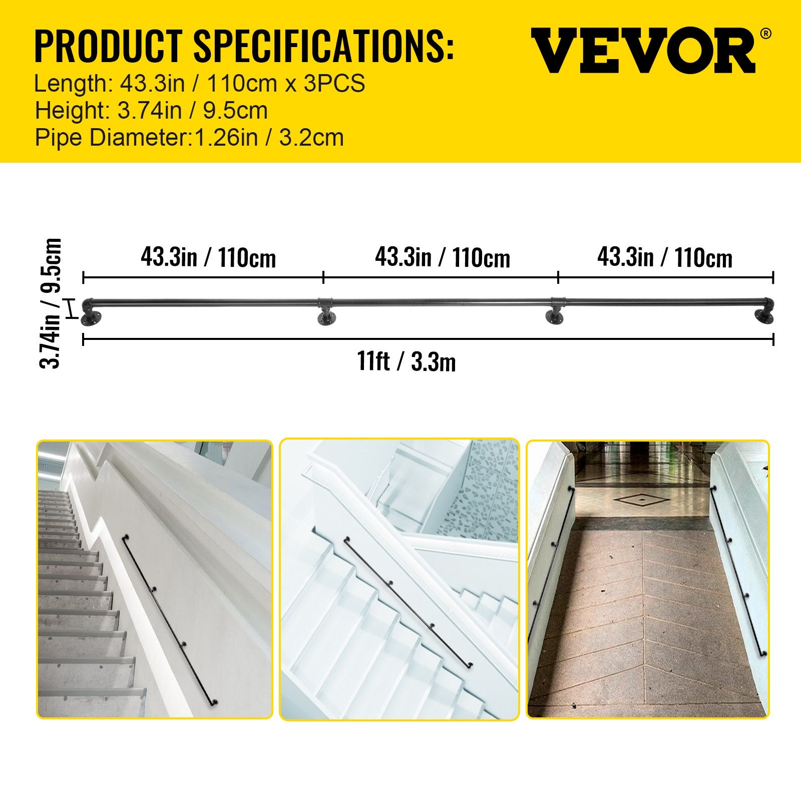 VEVOR 3 Tubes 3.3m Main Courante d'Escalier Murale en Acier Carbone Tube Capacité Charge 200kg/Tube pour Enfants Personnes âgées Intérieur Extérieur - 5
