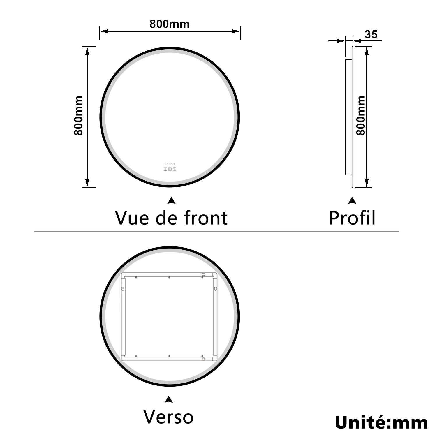 Aica Miroir lumineux de salle de bain Bluetooth Rond 80cm Avec Horloge + 3 Couleurs + Dimmable + Anti-Buée, Noir Cadre Non-Métallique - 7