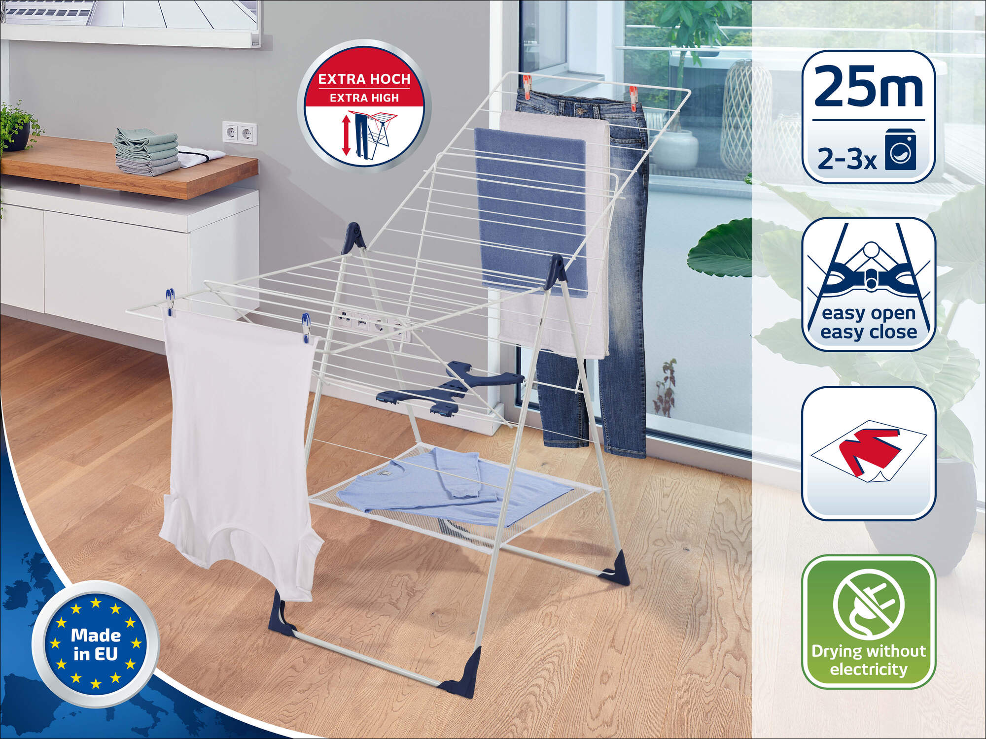 Leifheit étendoir à linge Classic 250 Flex 81409, séchoir à linge stable avec 25m d'étendage, hauteur réglable, blanc - 2