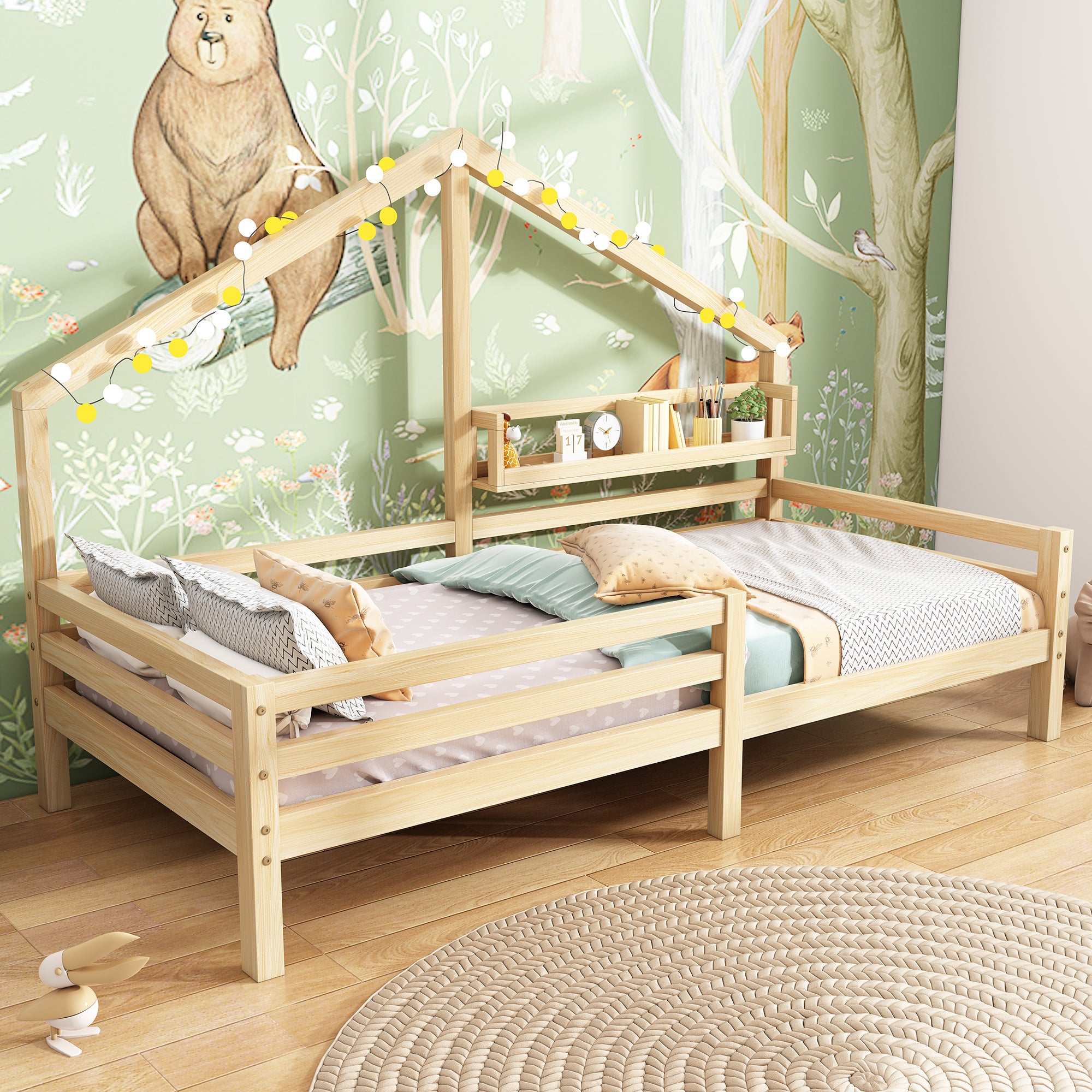 Lit cabane 90x200cm en bois massif - avec étagères - Naturel - 2