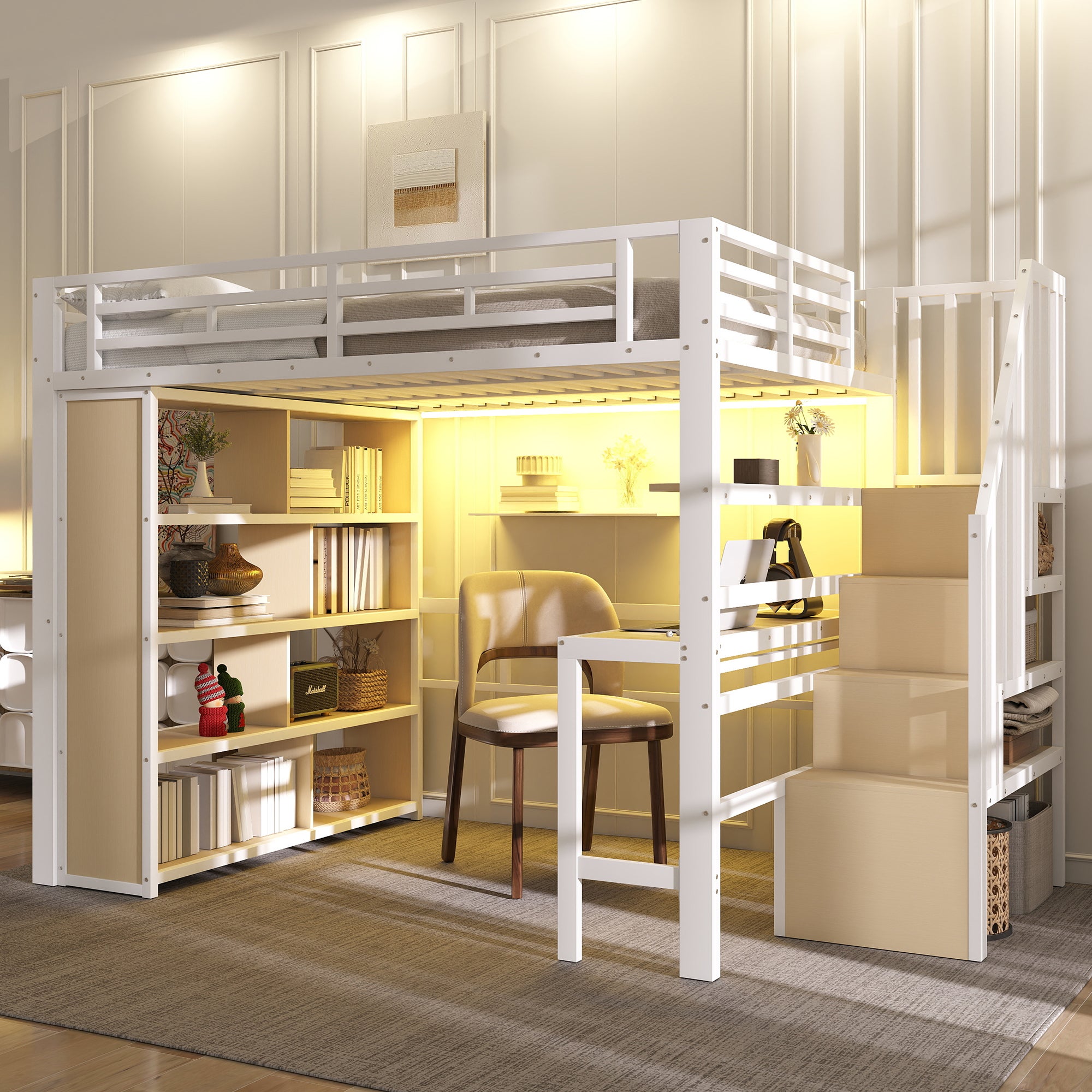 Lit Mezzanine 140x200 avec Bureau Intégré et Éclairage LED, Cadre Métal MDF Blanc, Escalier Rangement Étagères, Sommier à Lattes Inclus, Sans Matelas - 6