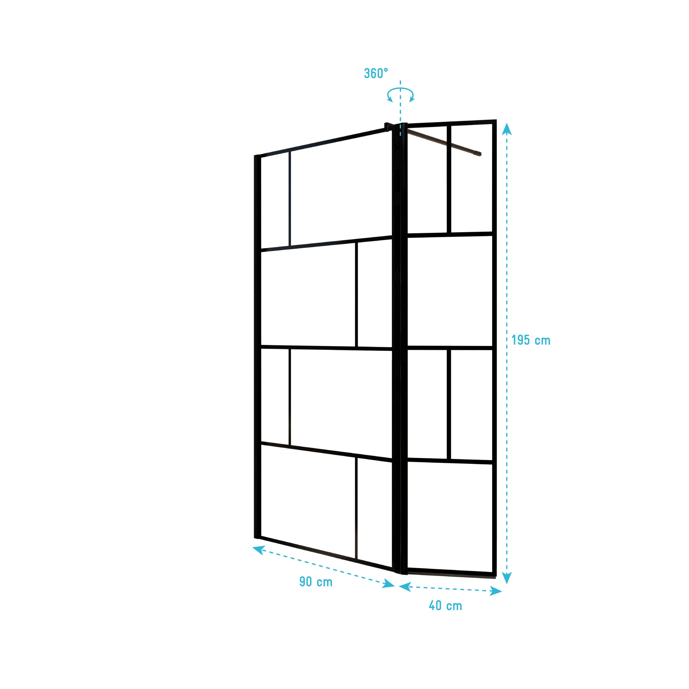 Paroi de Douche avec Volet Pivotant 90+40x195cm - Verre 8mm Anticalcaire - Motifs et Profilés Noir - 5