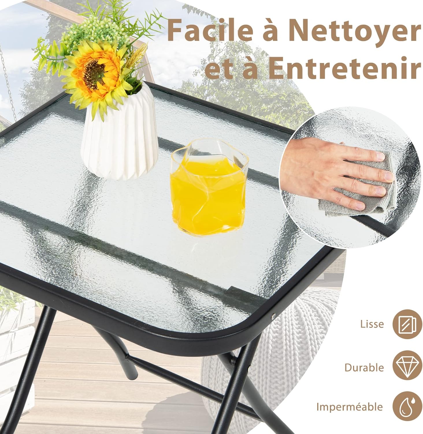 Table de Jardin Bistro Pliante, avec Plateau en Verre Trempé, 46,5x46,5x47,5cm, pour Intérieur et Extérieur Patio Balcon Terrasse, Noir - 5