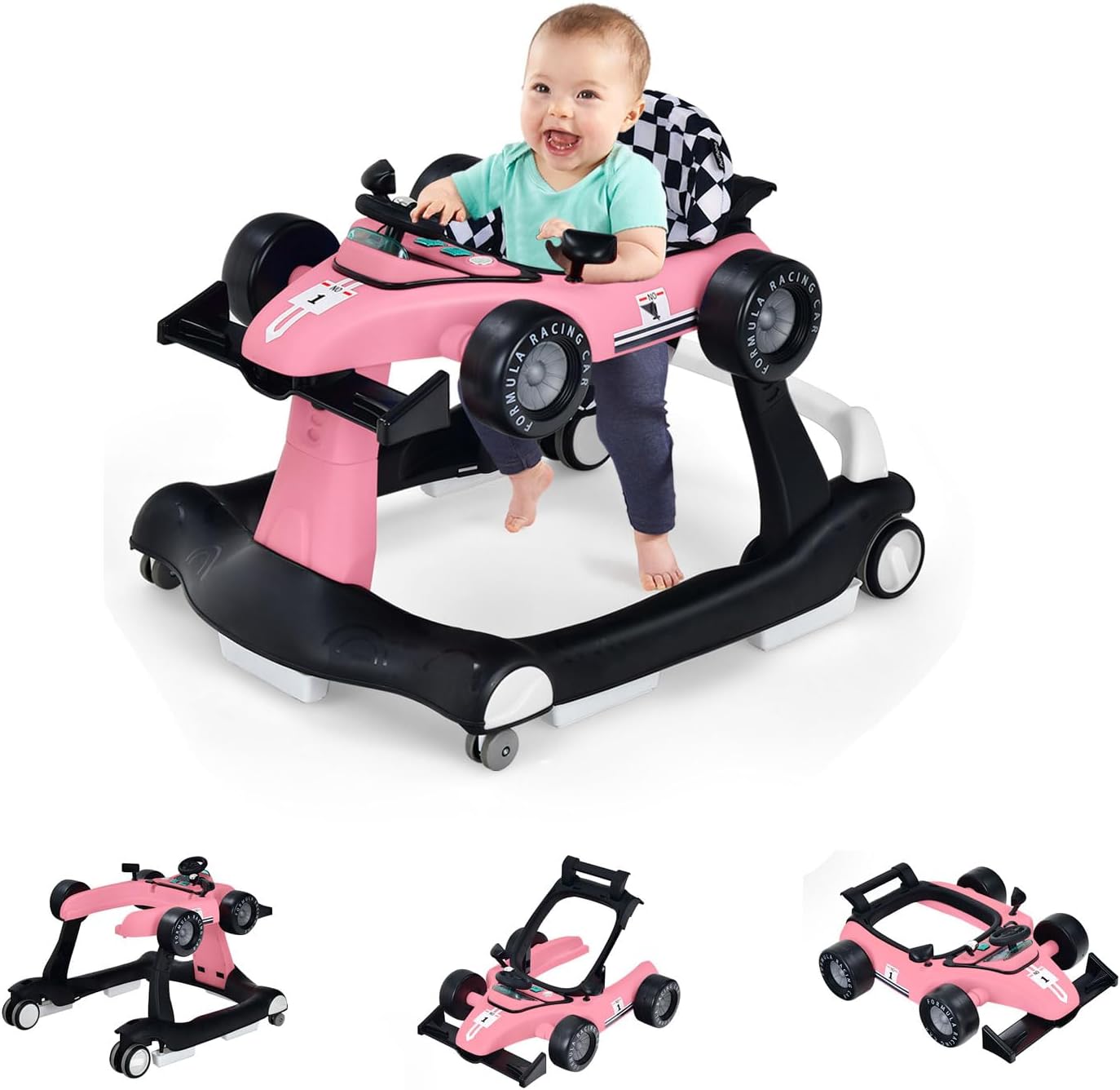 Chodzik dla Niemowląt, 4 w 1 z 3 Regulowanymi Wysokościami, Składany Chodzik dla Niemowląt z Muzyką i Światłem, 6-18 Miesięcy (Jasnoróżowy)