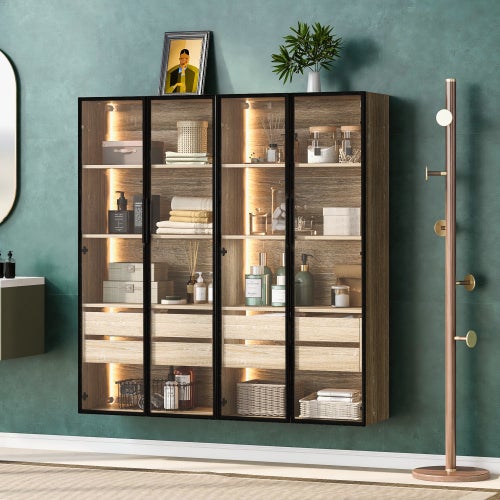 2er-set badezimmerschrank mit lichtleiste, 73 cm breite, 2 schubladen und 2 türen (glastür), moderner badezimmerschrank