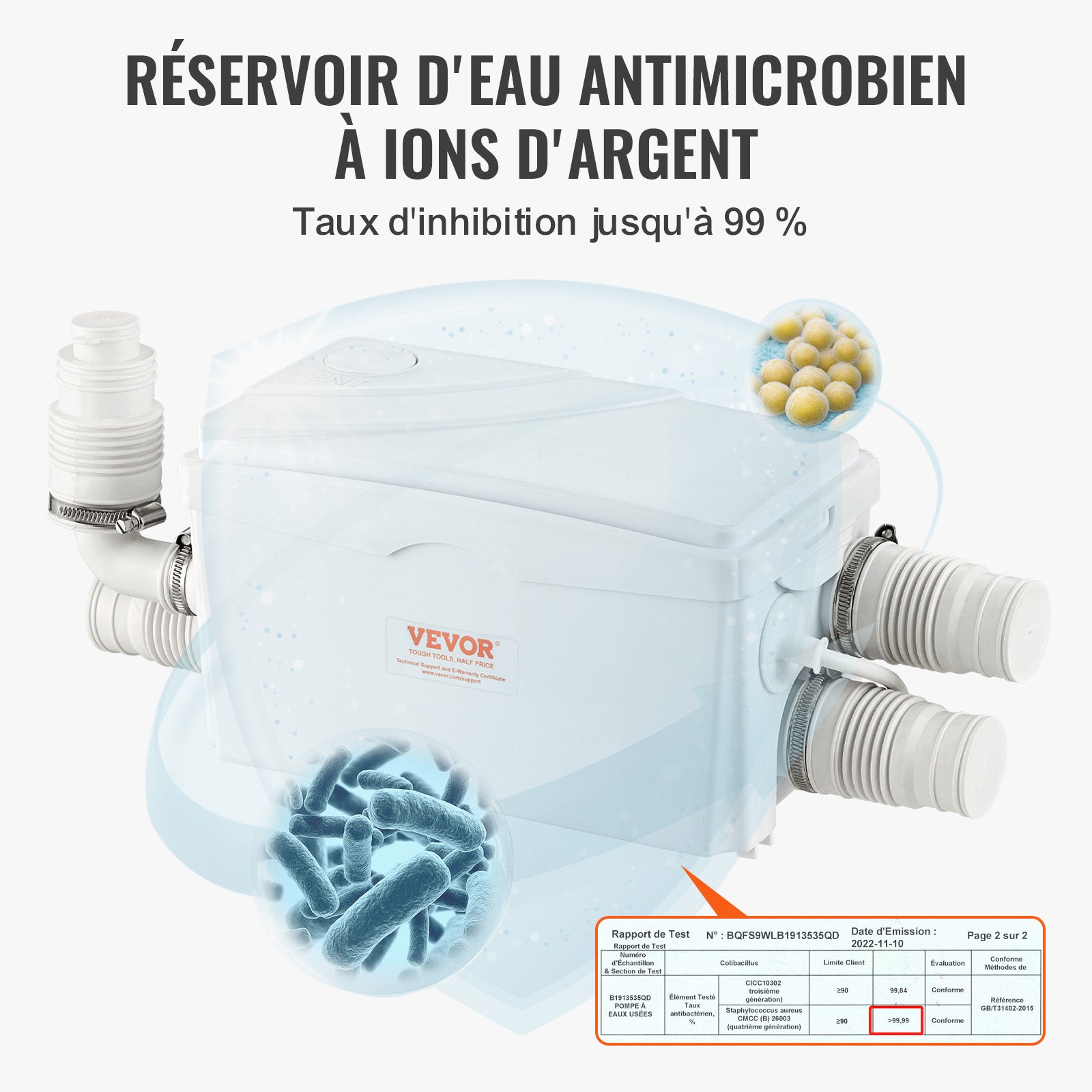 Pompe de Macération VEVOR 350 W, Débit 6000 L/h, 3 Entrées, Levage 7 m, Pompe d’eaux Usées pour Sous-sol, Cuisine, Évier, Douche, Baignoire - 4