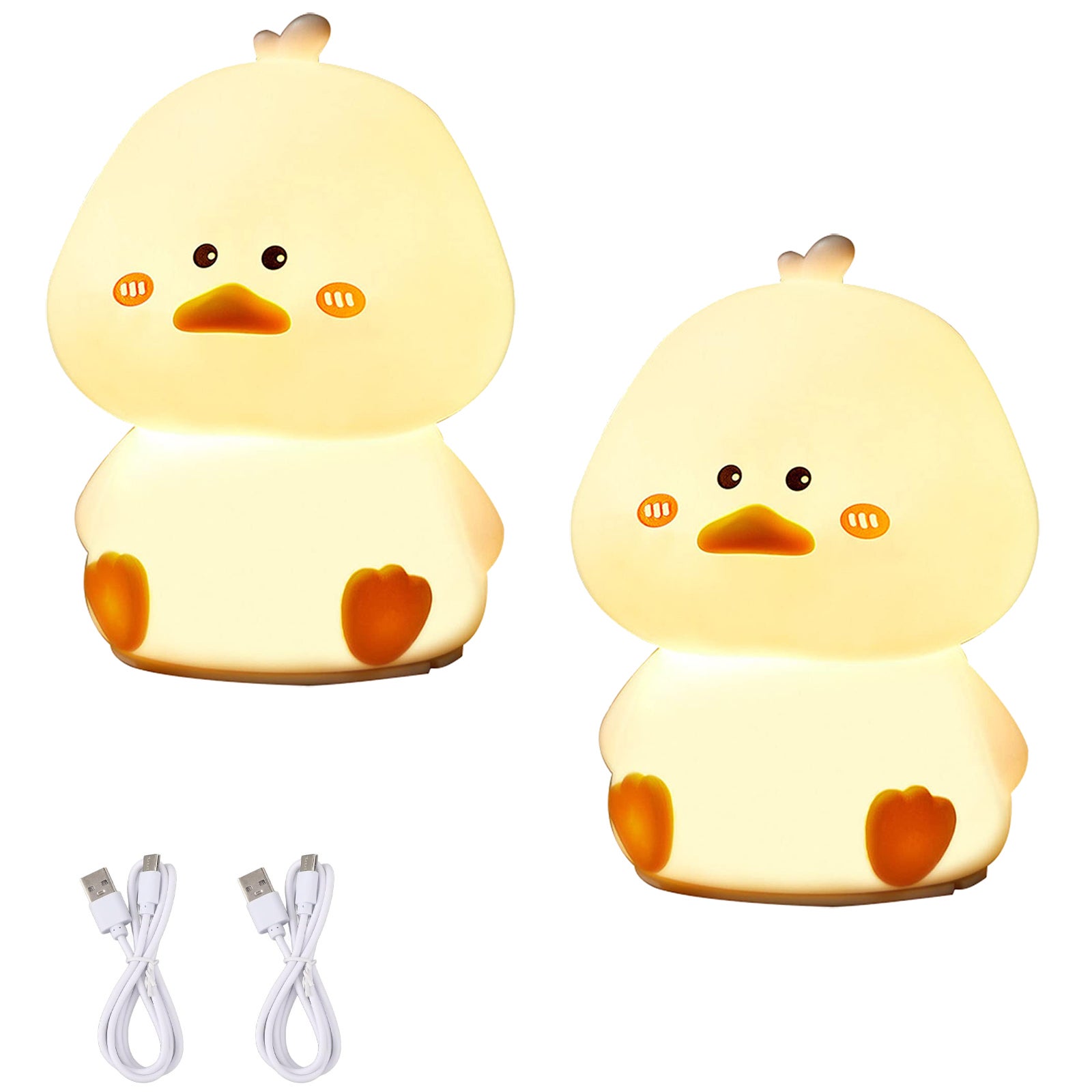Lámpara de noche led recargable con forma de pato, luz de noche de silicona para niños con cable usb, 7 colores + luz cálida, 2 piezas