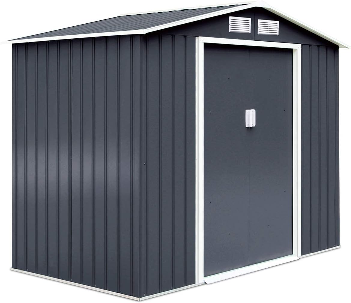 2,37 m² Metalowa Szopa Ogrodowa Ocynkowana z Podstawą, Schowek na Narzędzia 213 x 127 x 185 cm z Przesuwanymi Drzwiami i Oknami, 4,39 m³ Szary