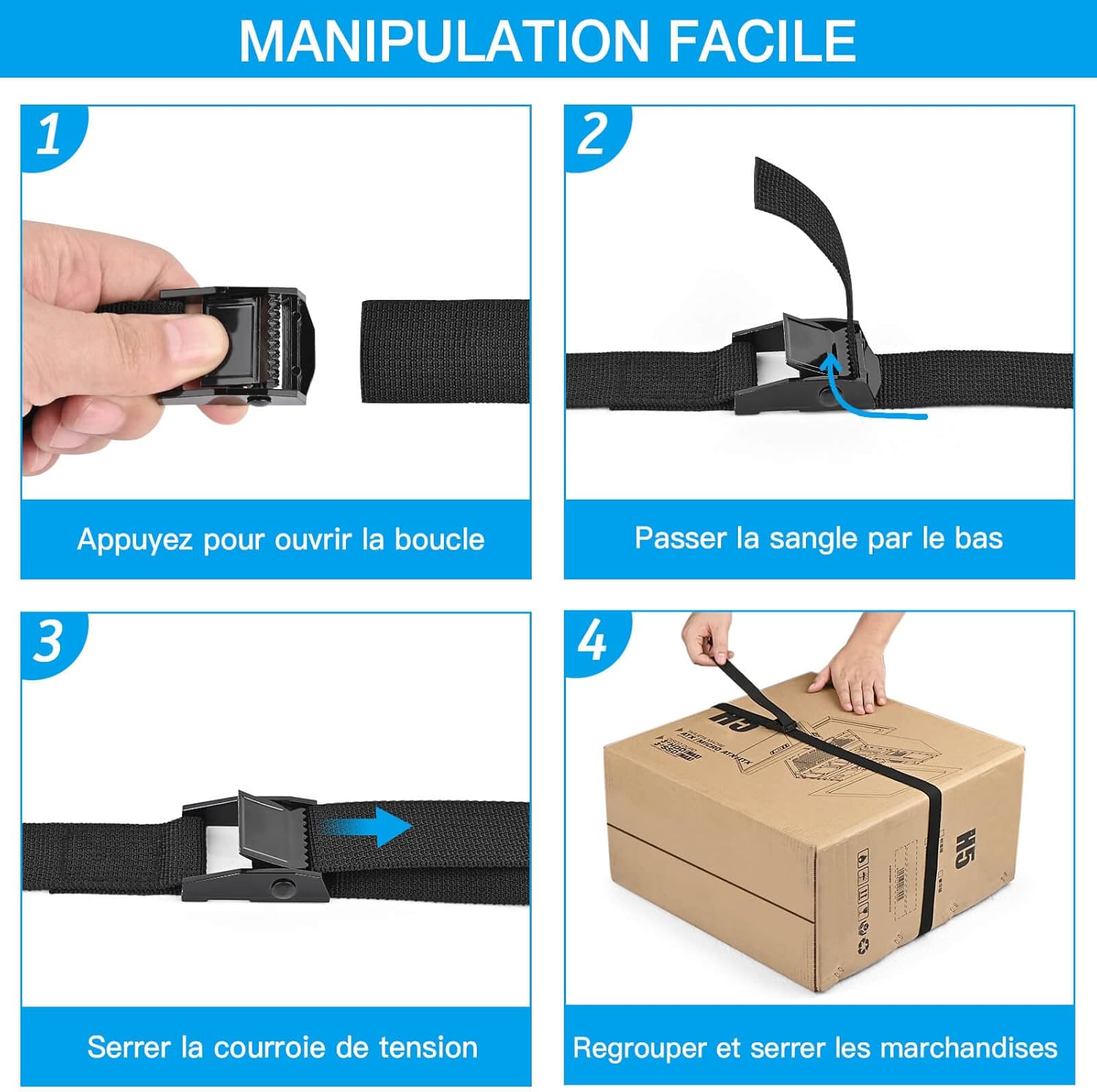 Lot De 2 Sangles à Cliquet - 10 Cm De Large, Réglables 100-145 Cm - Pour Déménagement, Transport Moto, Matelas - 8