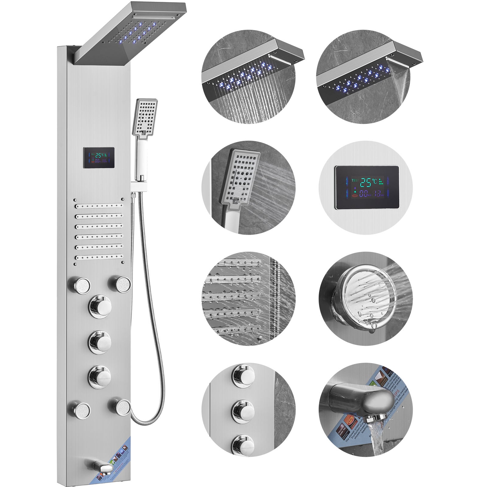 Coluna de Duche SucceBuy 6 Modos com LED, Chuva, Cascata, Massagem e Chuveiro Manual - 3