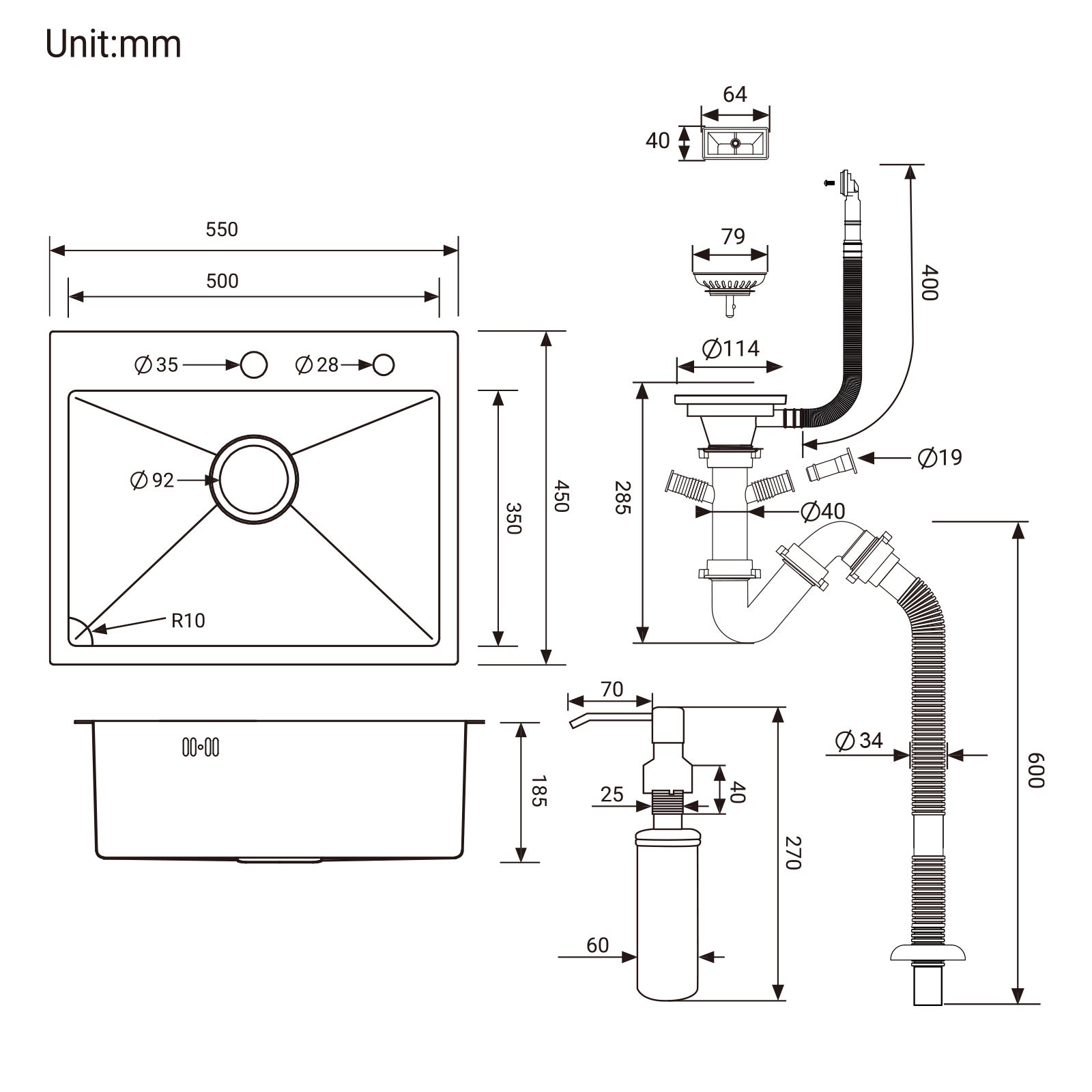 Évier Cuisine 1 Bac 55x45CM Évier à encastrer avec Distributeur Savon,Siphon/Trop-Plein Évier Inox Brossé pour Table à partir de 60 cm,EU Modèle - 8