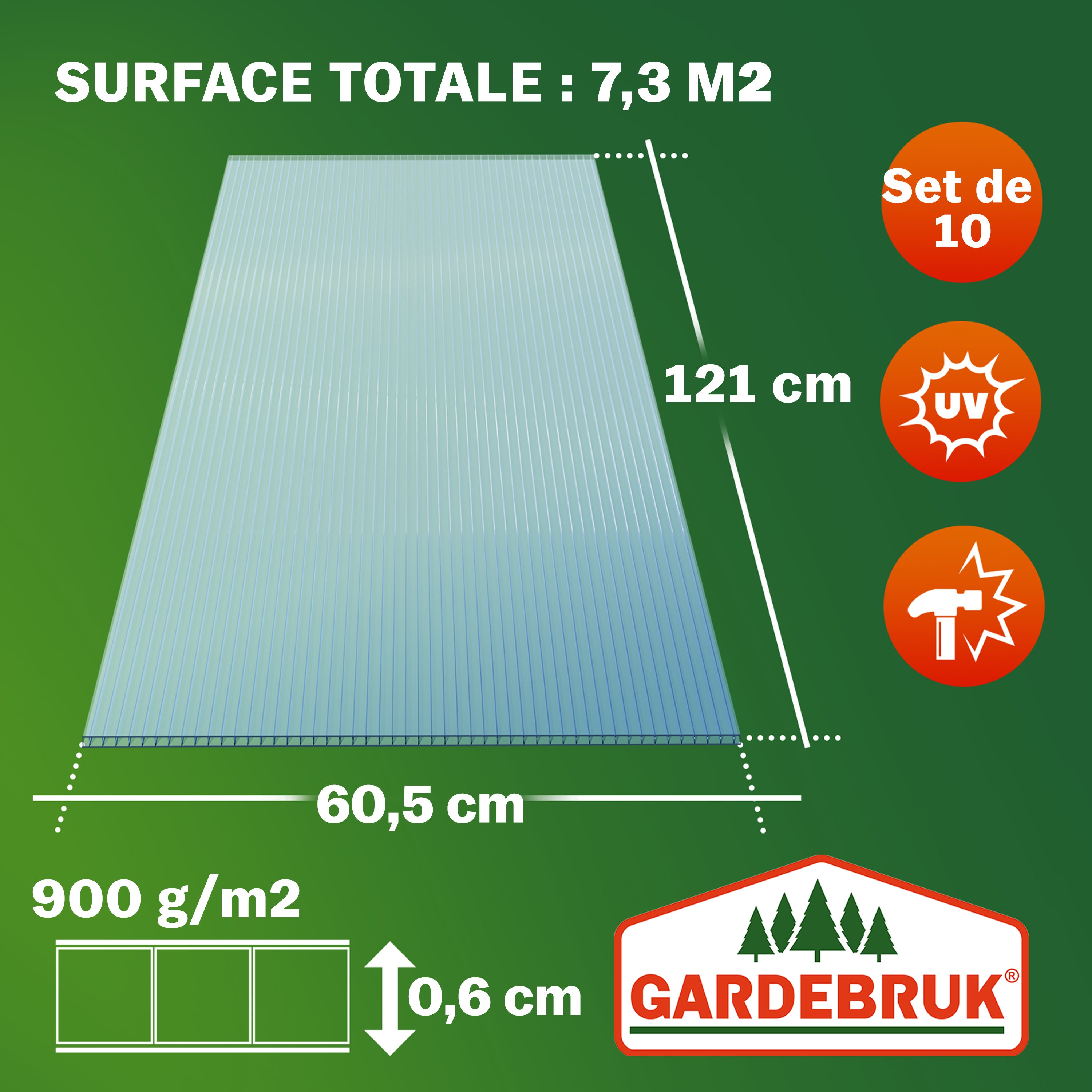 GARDEBRUK® 10x Plaques de polycarbonate creux 6mm 121x60,5cm découpe 7,3m² résistant aux UV plaques à double paroi serre de jardin plaque alvéolaire - 5