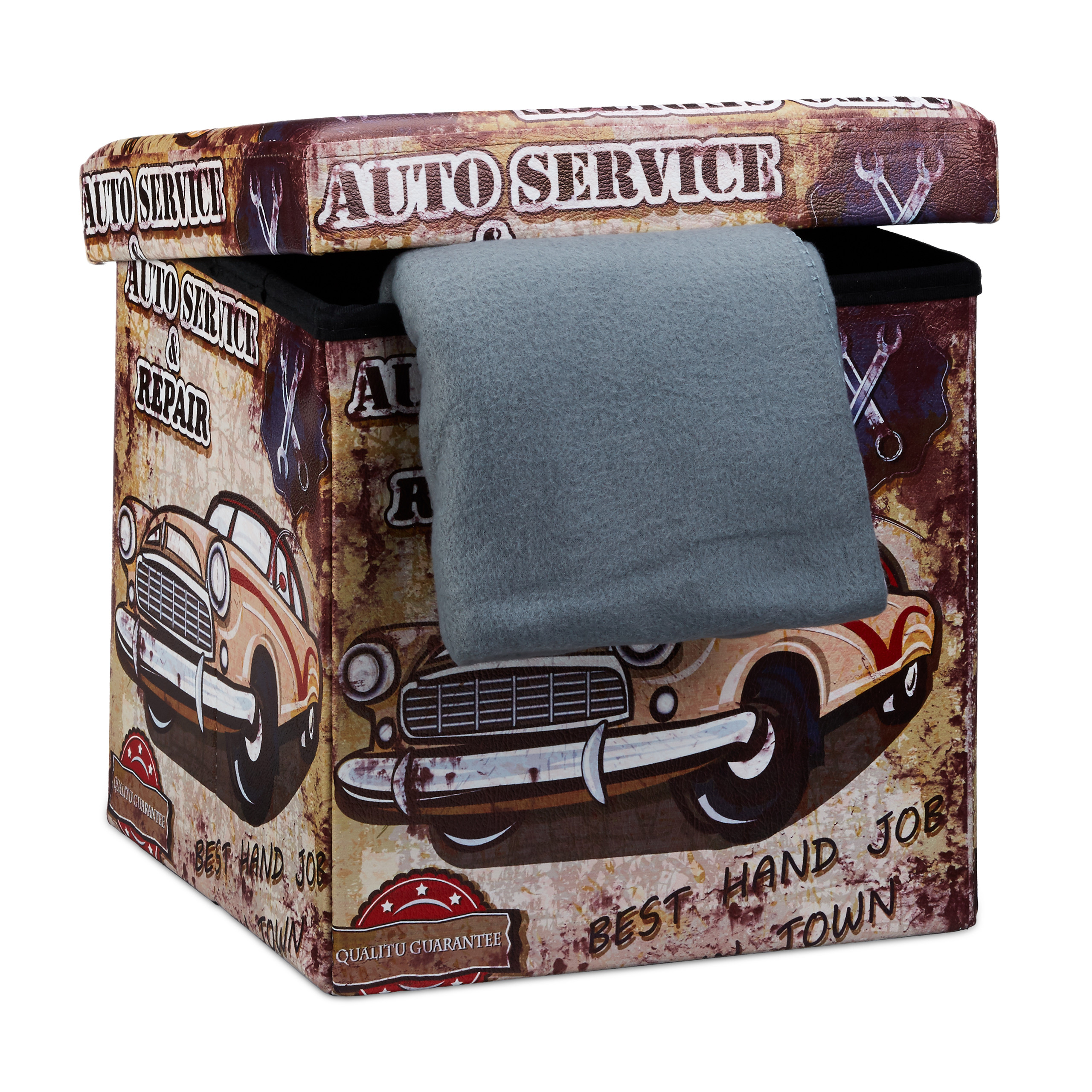 Relaxdays banco taburete con baúl, cuero sintético, 38 x 38 x 38 cm, carga 300kg, almacenamiento, diseño coche