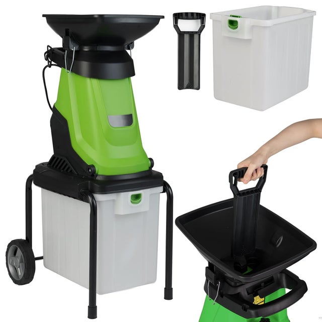 3000 W Cicha Rozdrabniarka do Roślin i Gałęzi 2 w 1 z Pojemnikiem 50 l, 2 Kółkami, Rozdrabnia do 45 mm na Kompost z Odpadów Zielonych (Zielona)