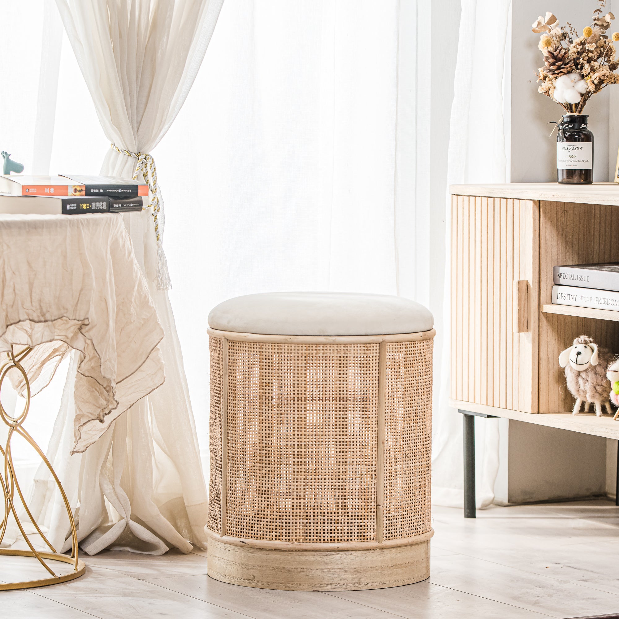 Nordlys - Pouf de Salon en Bois et Velours Rotin Beige - 4
