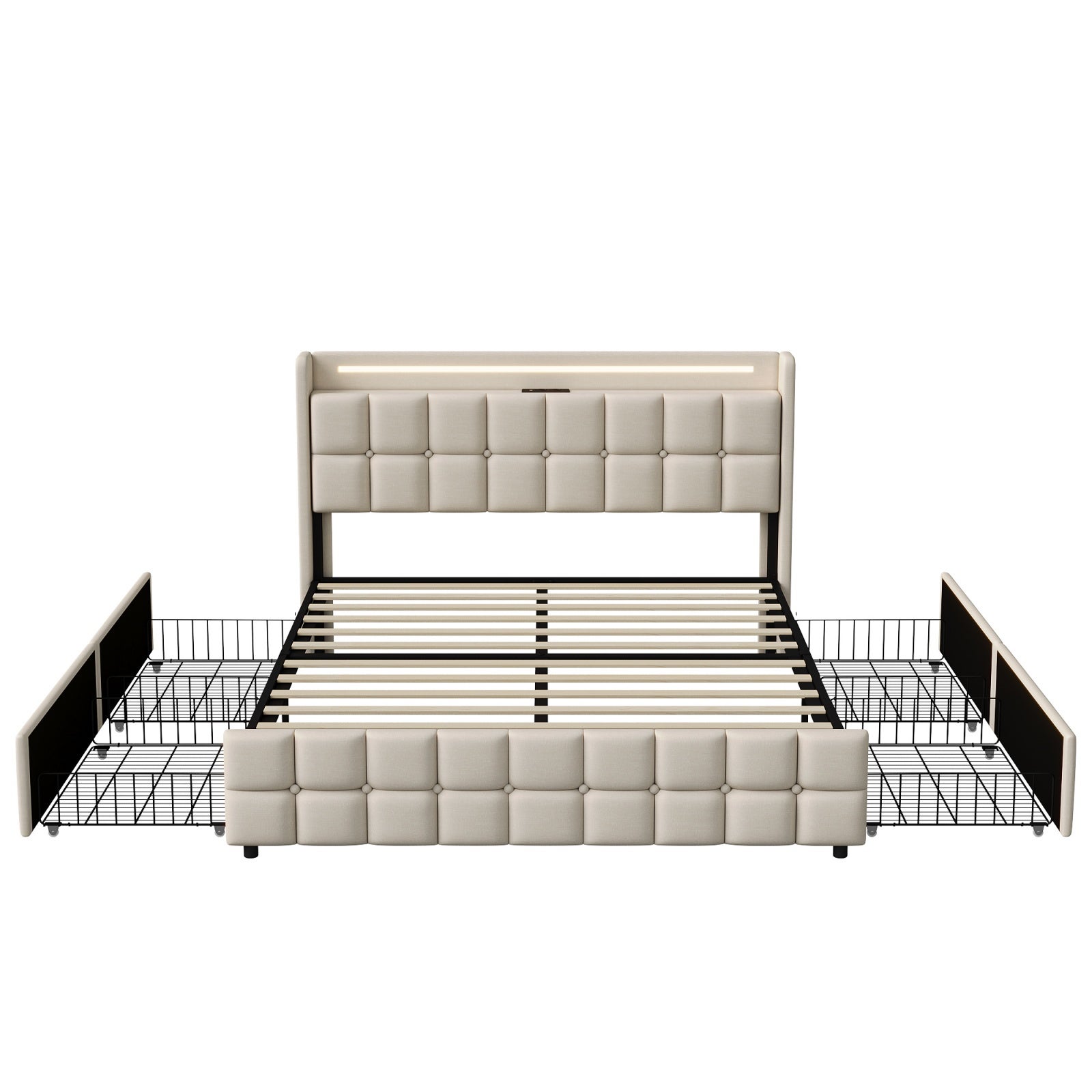 Lit 160 x 200 cm double avec rangement,Lit rembourré,Avec 4 tiroirs,Ports de recharge USB,Éclairage LED réglable,Tissu lin beige,Sommier à lattes - 6
