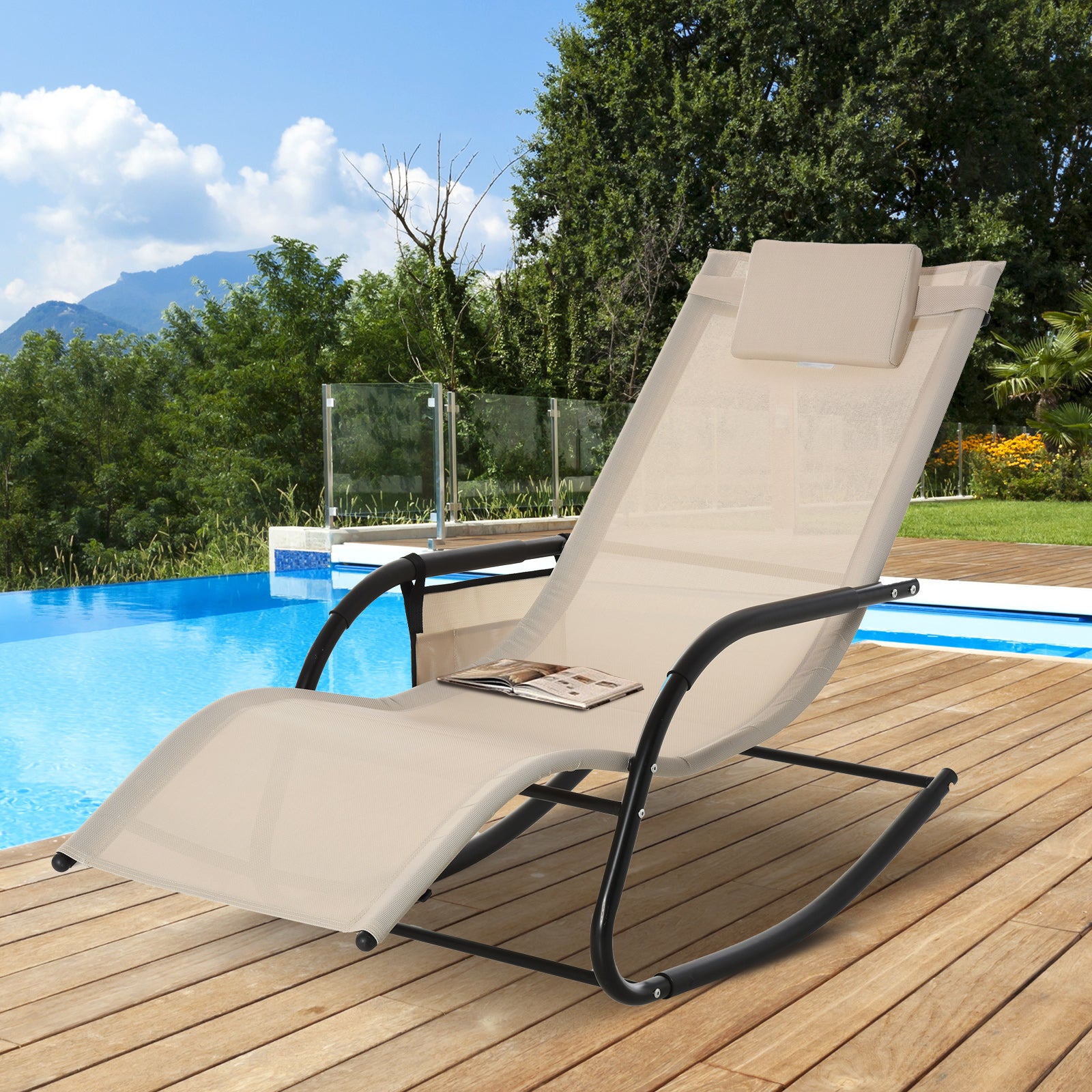 Mecedora, silla colgante, silla de jardín, tumbona mecedora, malla metálica, beige, 150 x 62 x 88 cm - 3