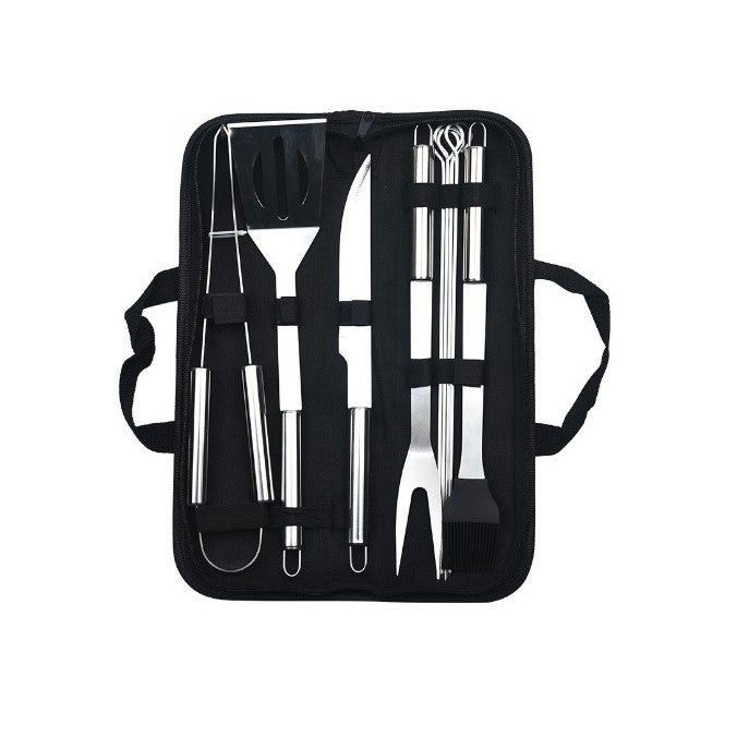 Set 9 ustensile pentru gratar Flippy, otel inoxidabil, geanta Oxford, argintiu 9buc