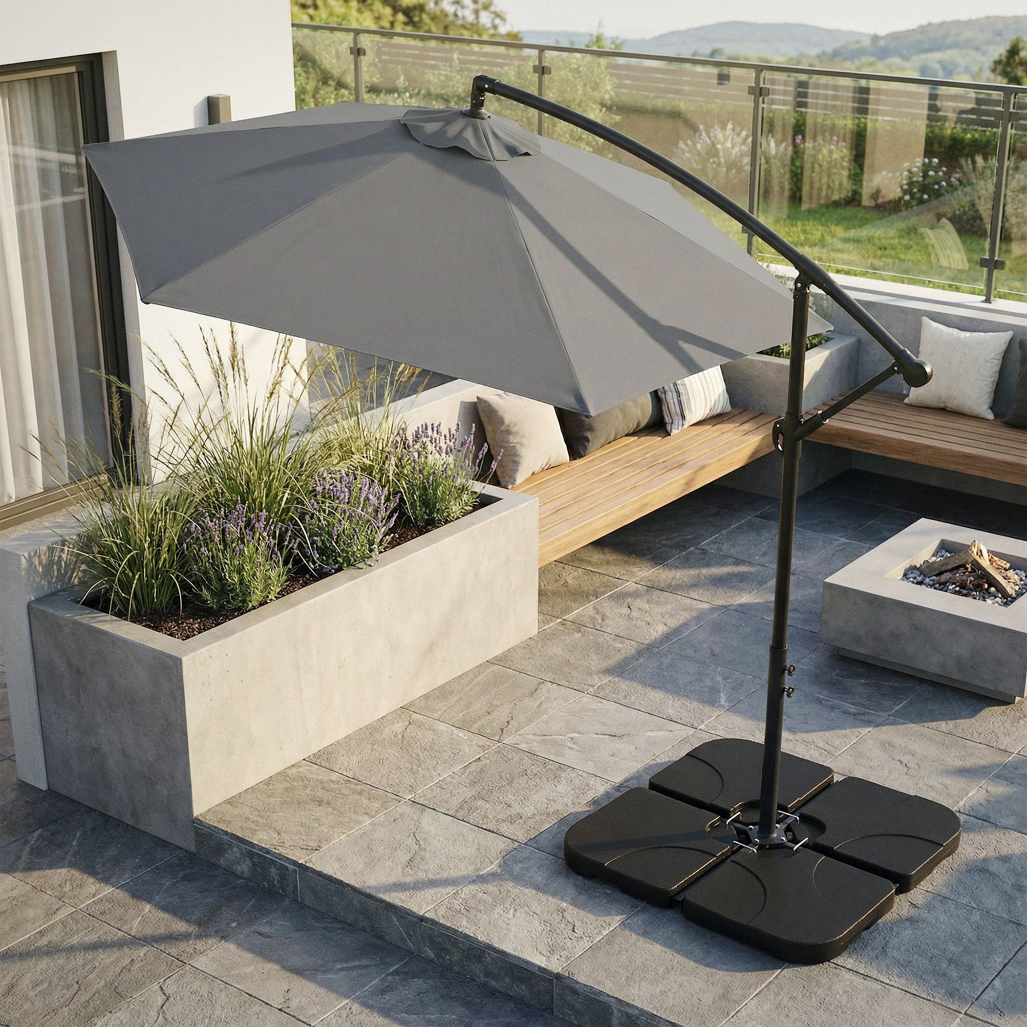 Lot de 4 poids de lestage pour base de parasol déporté noir en plastique dalles remplissables 60 L eau ou 80 Kg sable plaques pour support en croix - 3