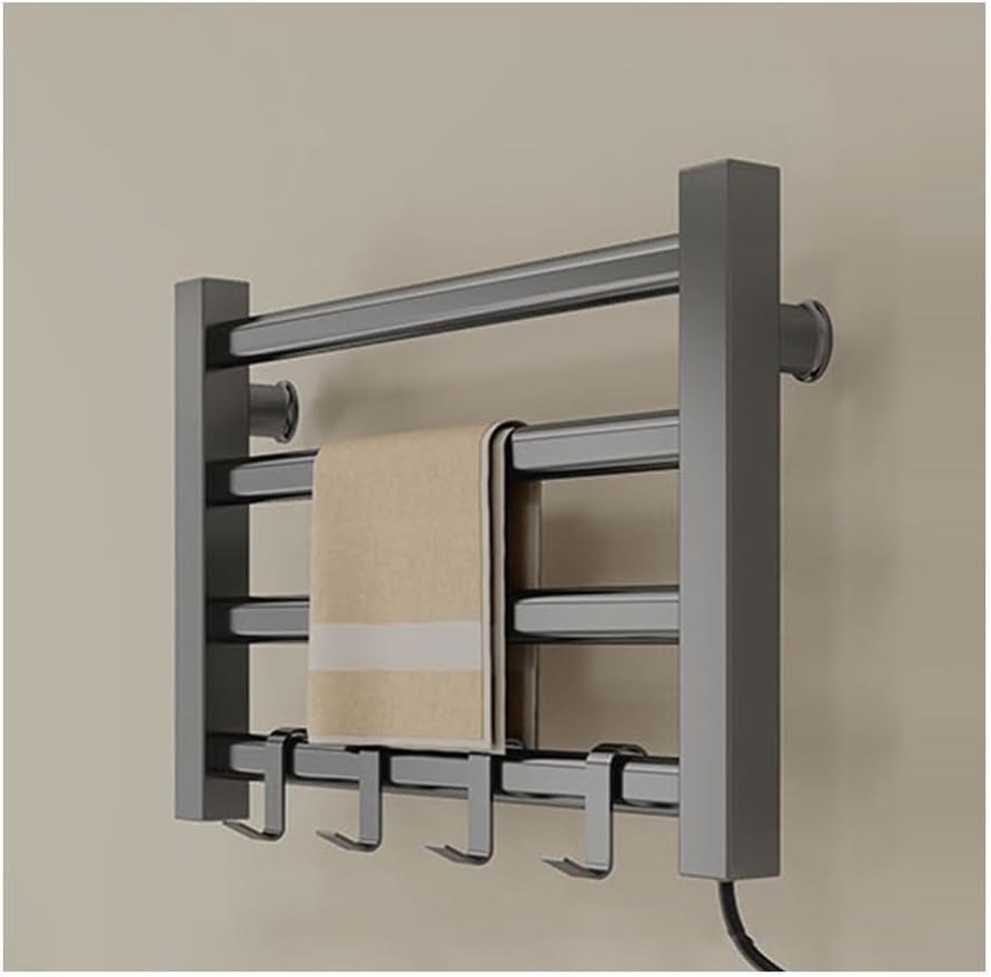 Czteropunktowy etryczny grzejnik na ręczniki, mały grzejnik łazienkowy z haczykami, montowany na ścianie, w kolorze szarym.