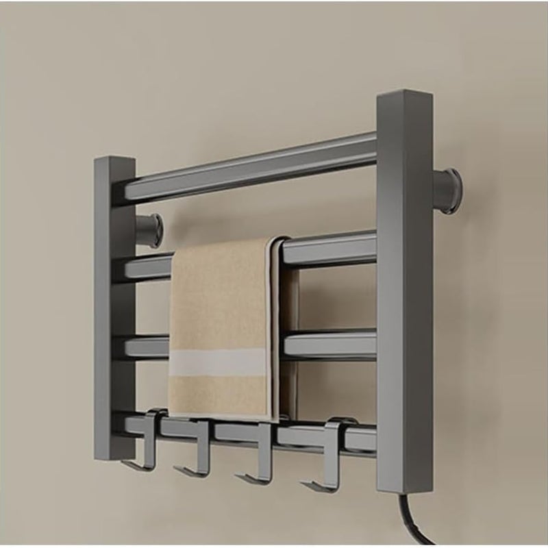 Czteropunktowy etryczny grzejnik na ręczniki, mały grzejnik łazienkowy z haczykami, montowany na ścianie, w kolorze szarym.