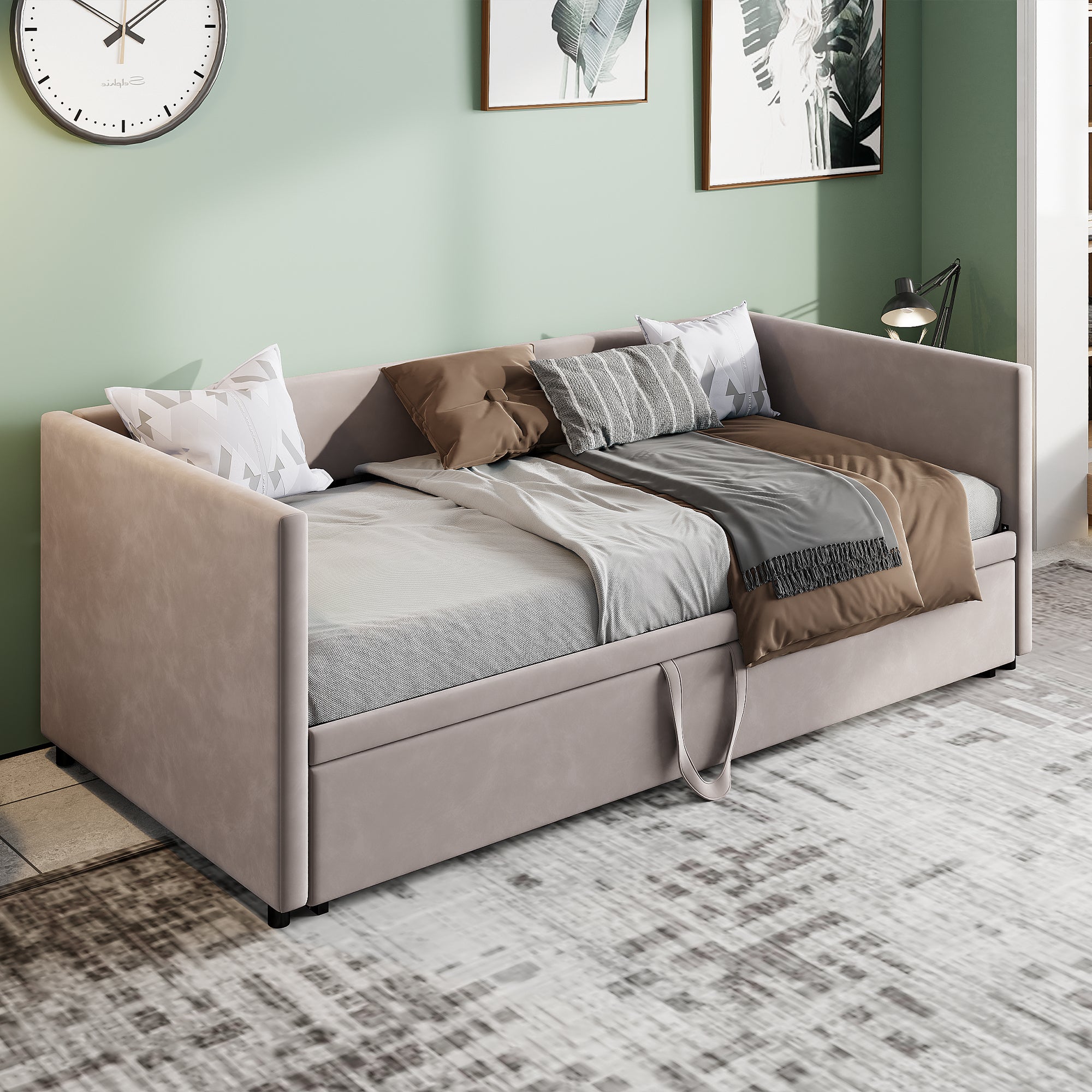 Canapé convertible lit 90/180x200 cm, avec lit gigogne, sommier à lattes, structure métallique, revêtement en velours, lit double - Gris - 3