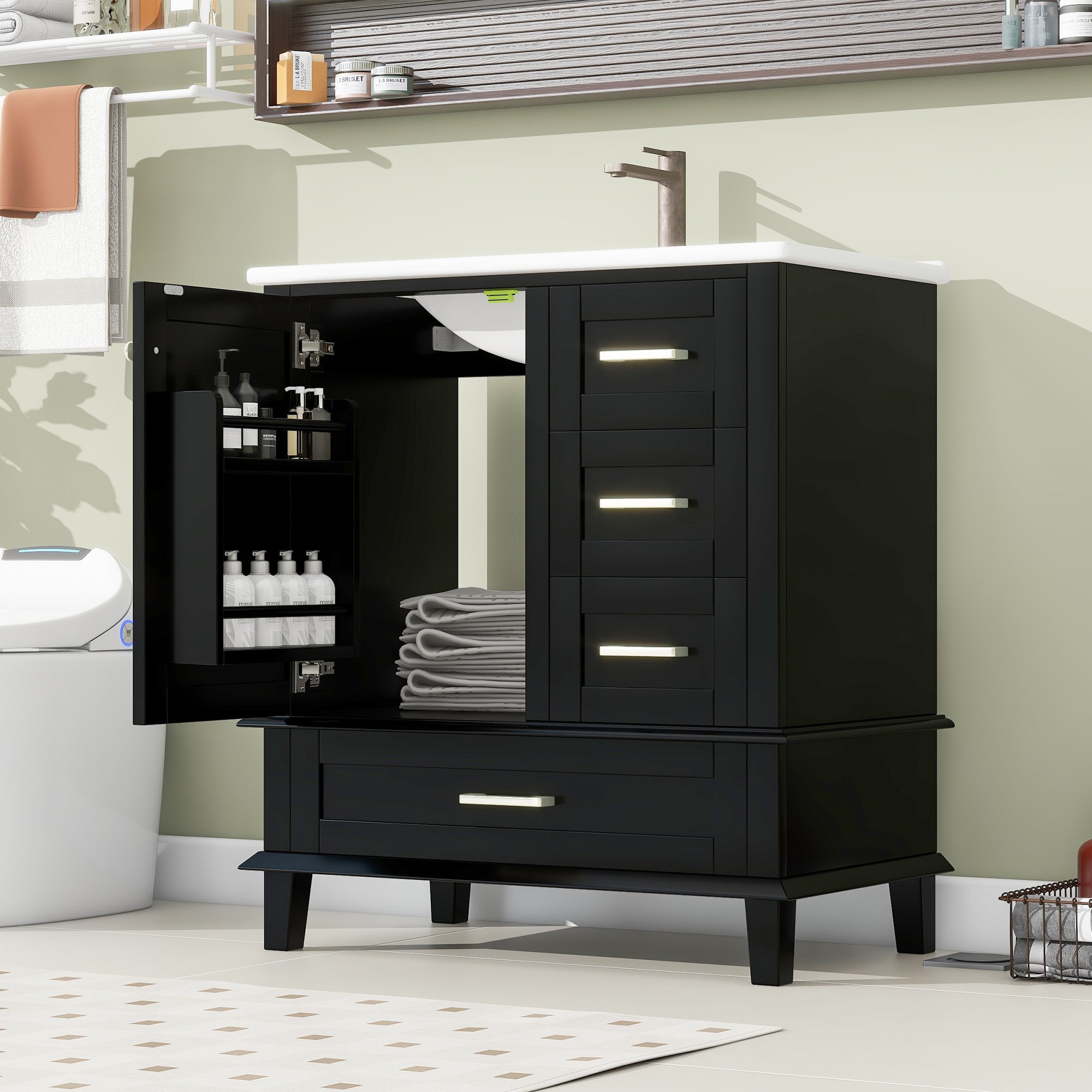 Móvel de banheiro com pia única, 1 porta e 2 gavetas, gabinete de base com cuba de cerâmica - 73 x 45,5 x 83,5 cm - Madeira MDF - Preto - 4