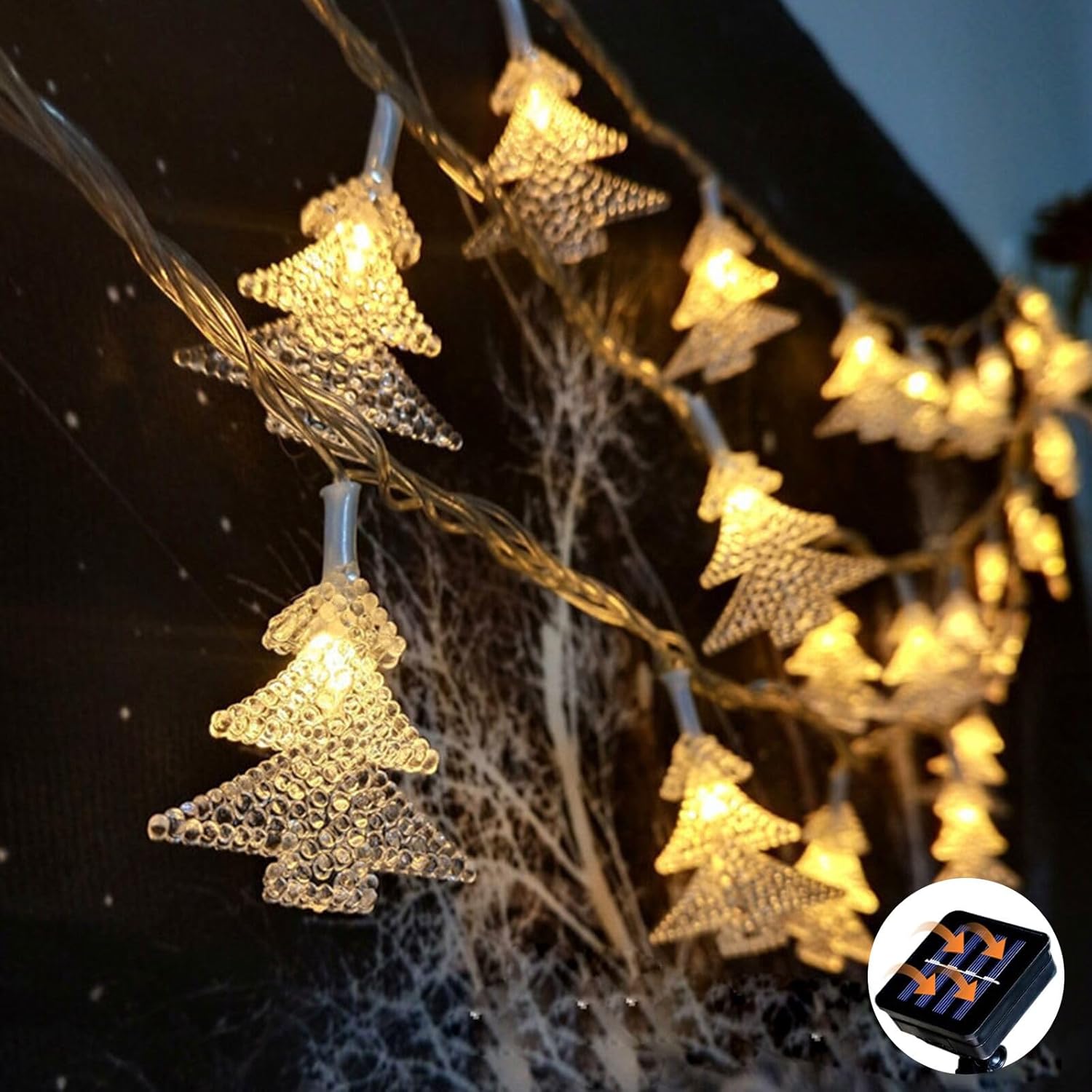Zewnętrzne lampki solarne, 7 m, 50 diod LED, wodoodporne, 8 trybów oświetlenia, do drzew ogrodowych, świąteczne, ciepła biel