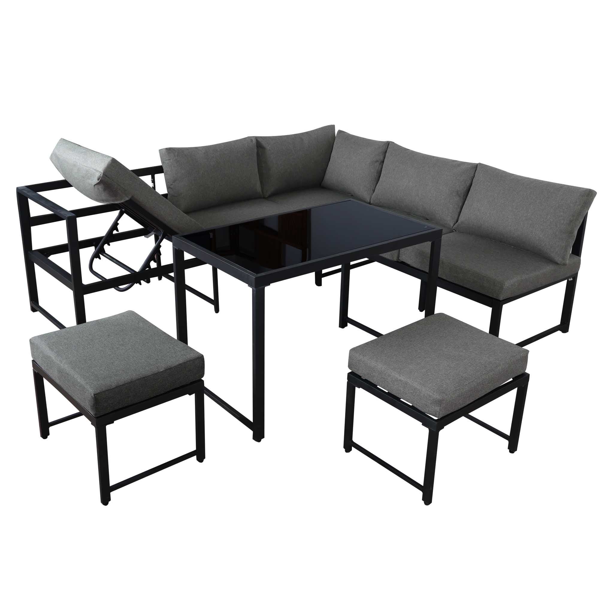 Aluminiowy zestaw ogrodowy wypoczynkowy szary z sofą, stolikiem, poduszkami i regulowanym oparciem 4-poziomowym - 3