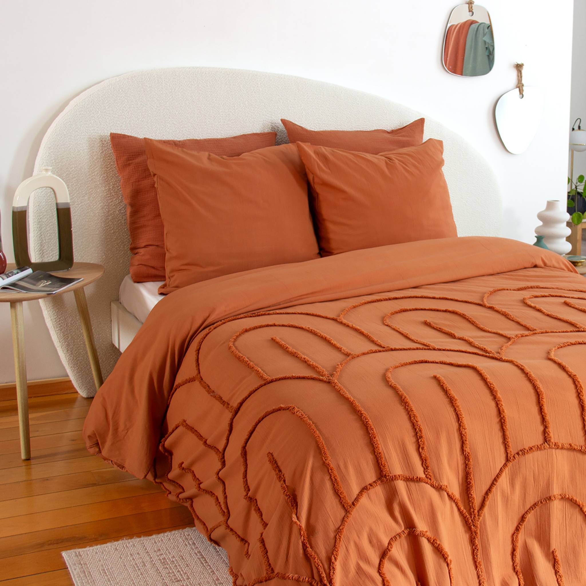 Parure de lit coton lavé tufté motifs arches rétro 2 places terracotta. 1 housse 260x240cm + 2 taies 63x63cm HERA - 2