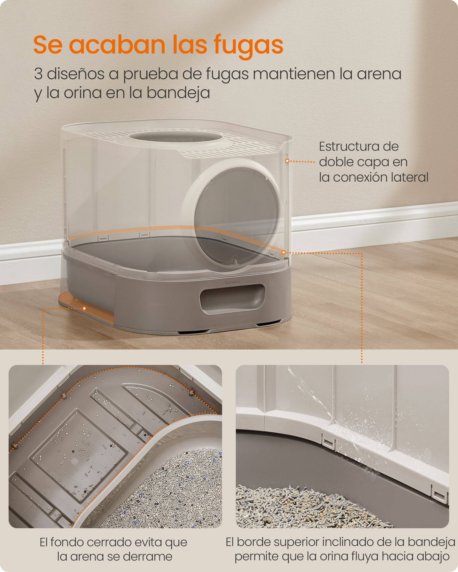 Arenero Cerrado para Gatos XXL, con Tapa, Bandeja Extraíble, Recogedor, Cepillo, Avena y Gris - 5