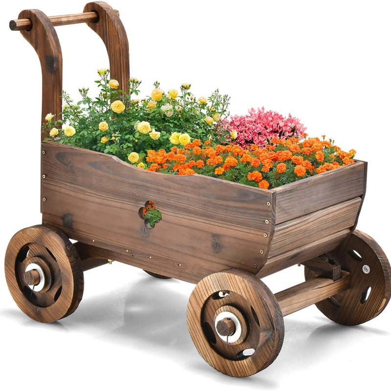 Drewniany wózek na kwiaty, wózek na rośliny z kółkami i uchwytem, skrzynka na rośliny z otworem odpływowym, donica na rośliny, dekoracja ogrodowa