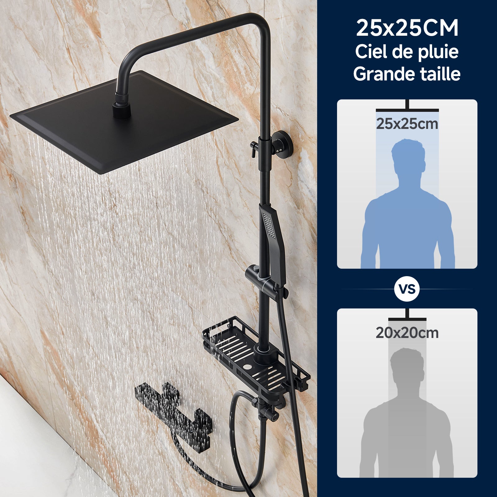 Auralum Max Colonne Douche Sans Mitigeur Noire,Tête Carrée 25×25 cm,Hauteur Réglable 72-110cm,Douchette Main,Étagère Sans Perçage/Flexible 1,5 m - 4