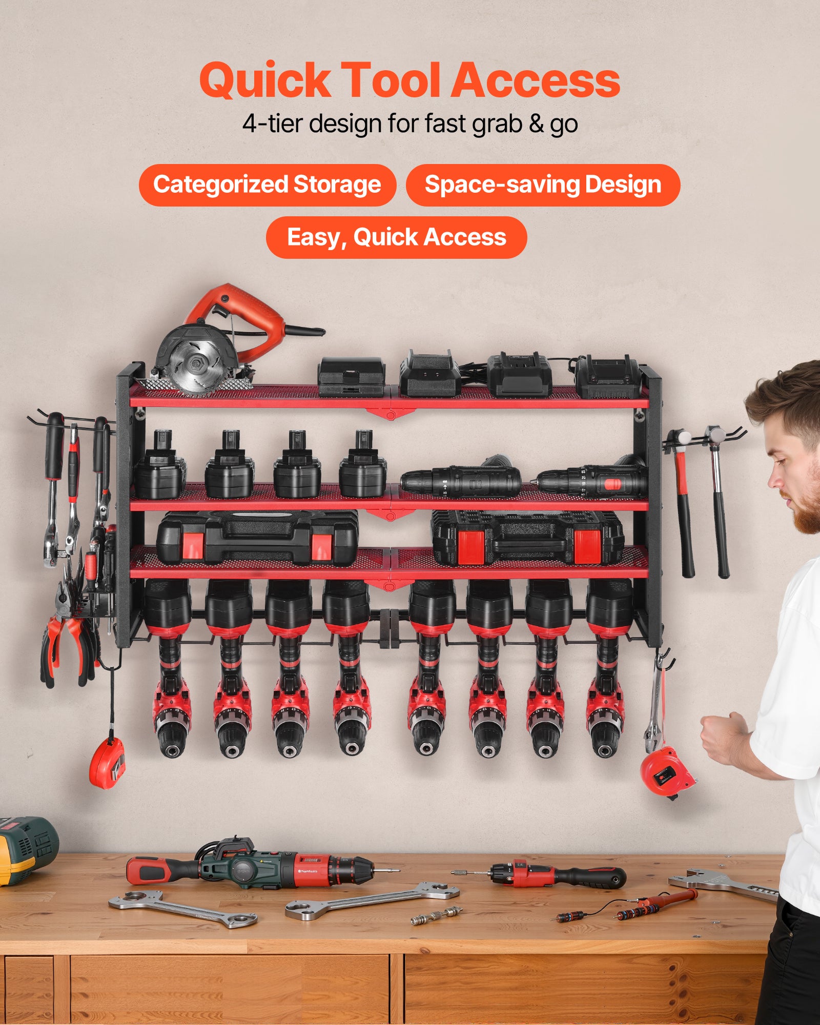 Organiseur mural outils électriques VEVOR, acier, 4 niveaux, 8 supports perceuse, panneaux perforés latéraux, étagère garage/atelier - 2