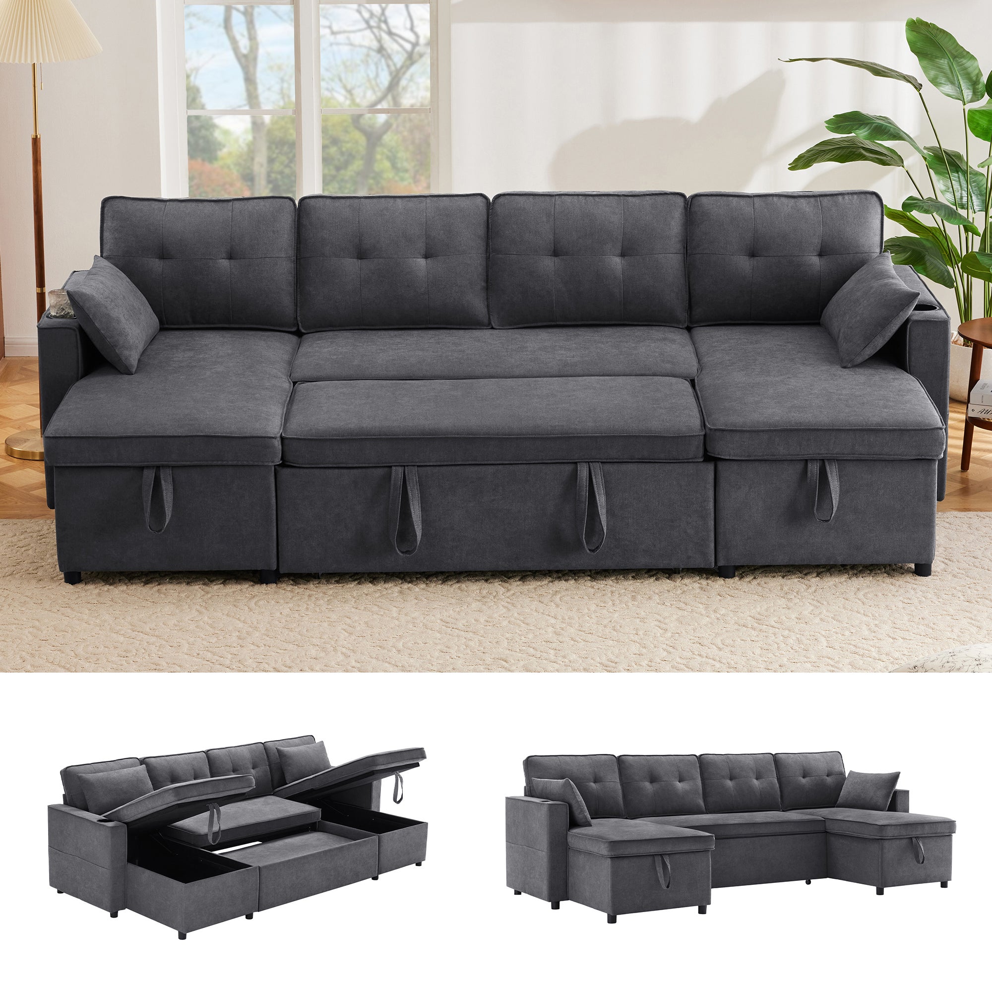 Canapé-lit modulable en U avec fonction couchage, tissu coton-lin ...