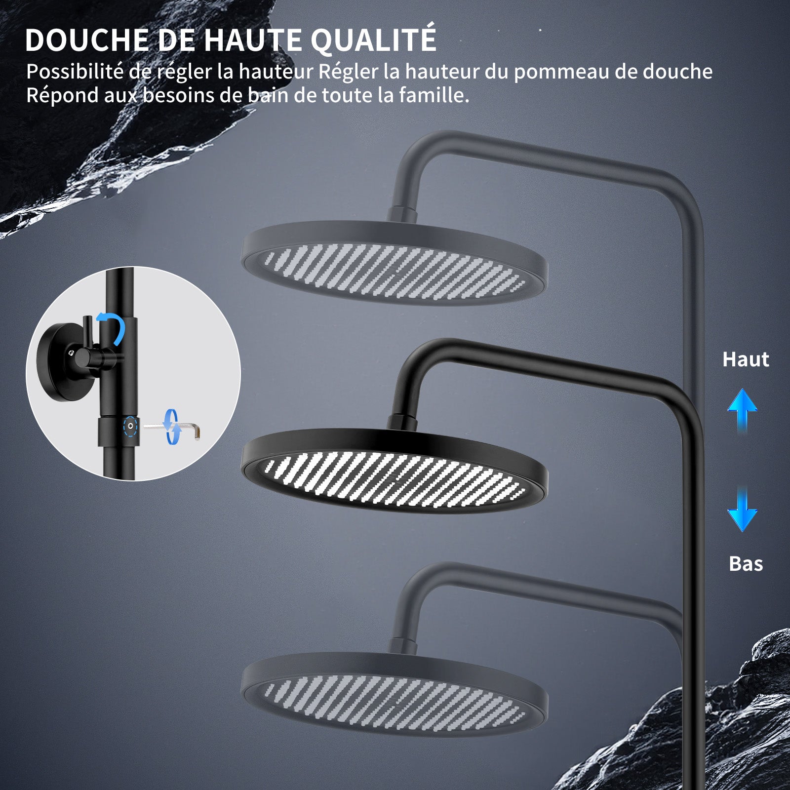 Colonne de Douche Thermostatique, Ensemble de Douche Hauteur Réglable sans Percement Supplémentaire Noir avec Douchette 3 Jets, Mitigeur en Laiton - 3