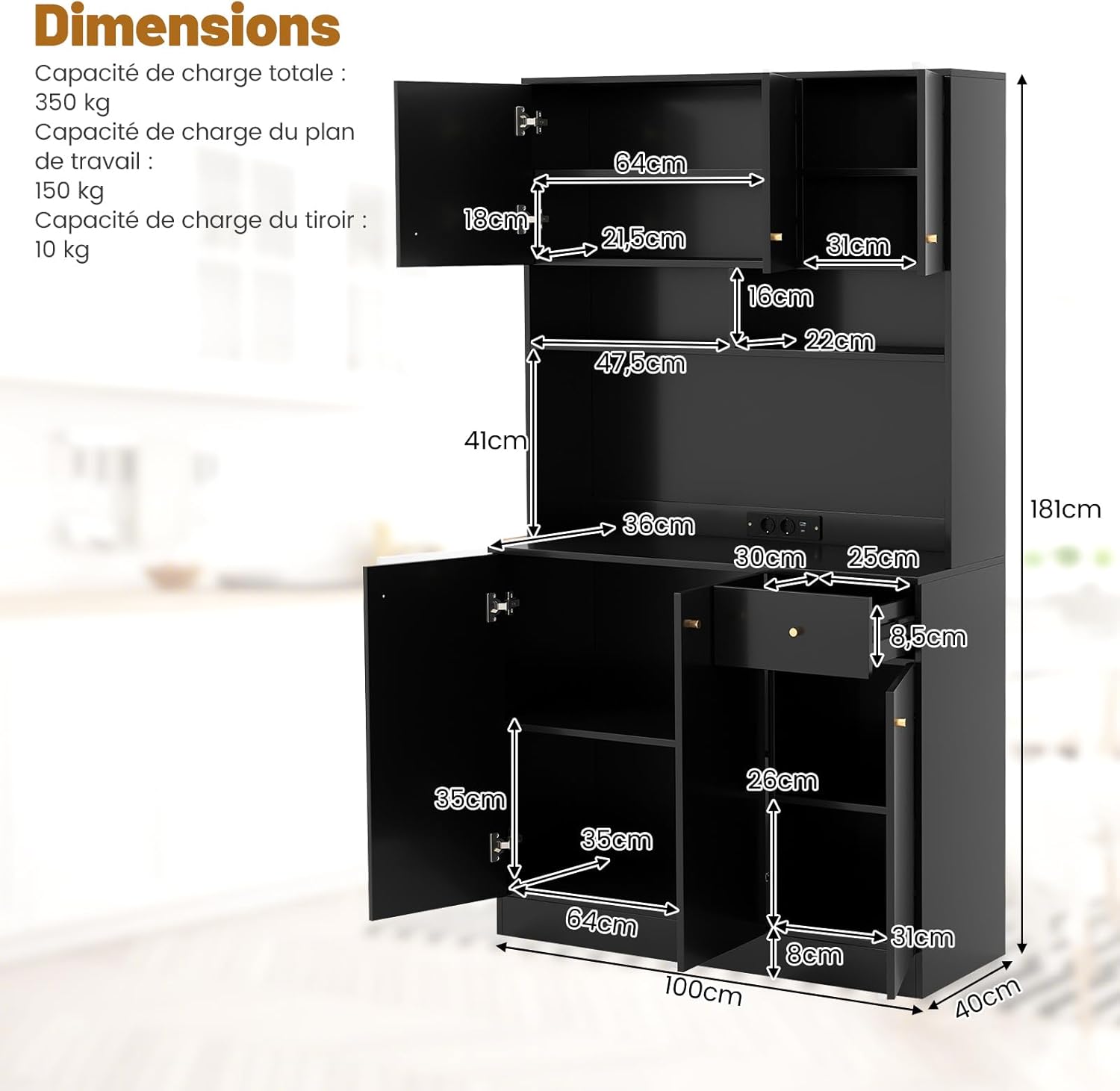 Buffet de Cuisine, Armoire Cuisine avec Prises, 4 Placards, Grand Tiroir, Station de Recharge, Vaisselier, 100x40x181CM (Noir) - 3