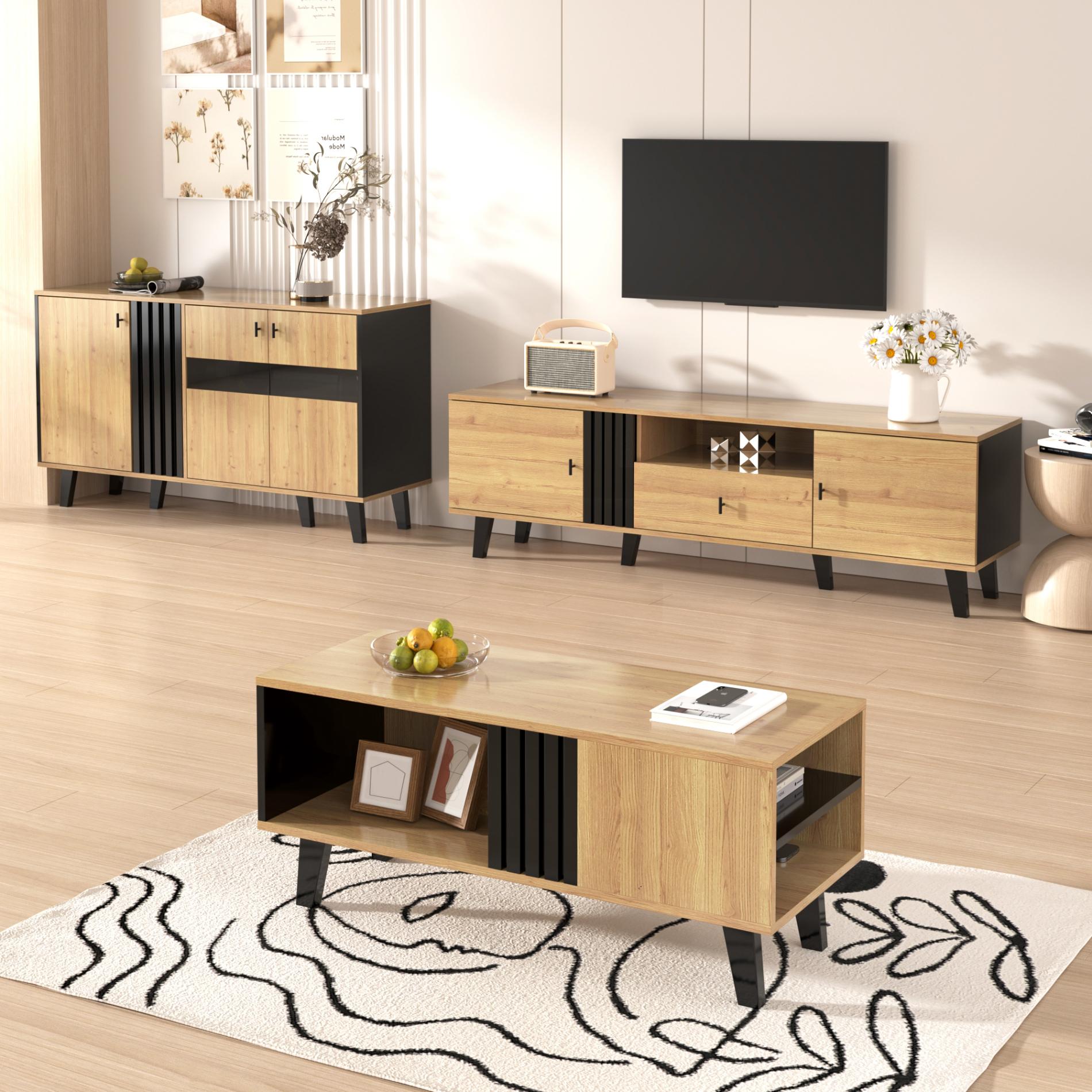 Meuble TV Rétro Avec Lumières LED - 108x30x77 Cm - 4 Tiroirs, étagères - Cadre Métal, Pieds Réglables - Noir