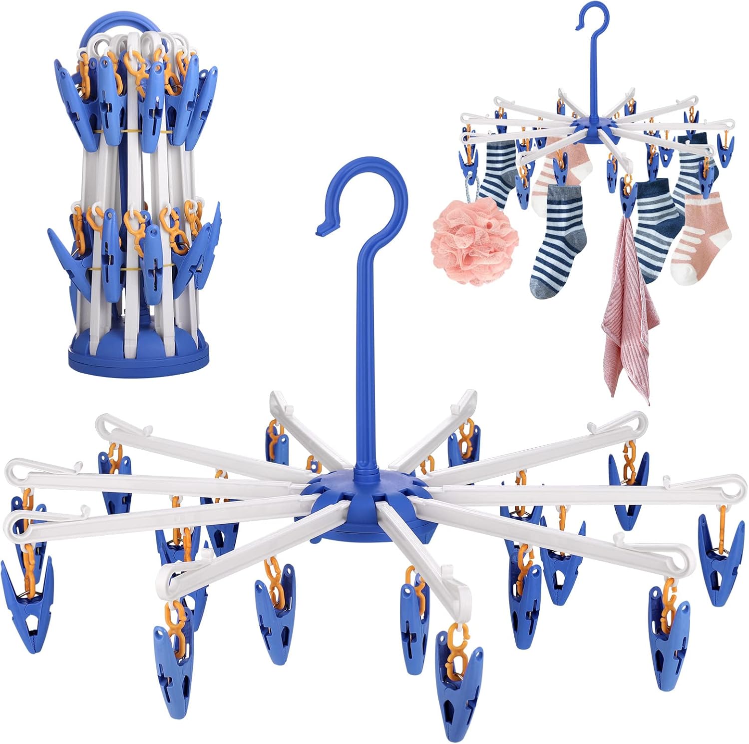 Zestaw 2 suszarek do skarpet do linii produkcyjnej, obejmujący obrotową suszarkę do skarpet i niebieską suszarkę do skarpet z