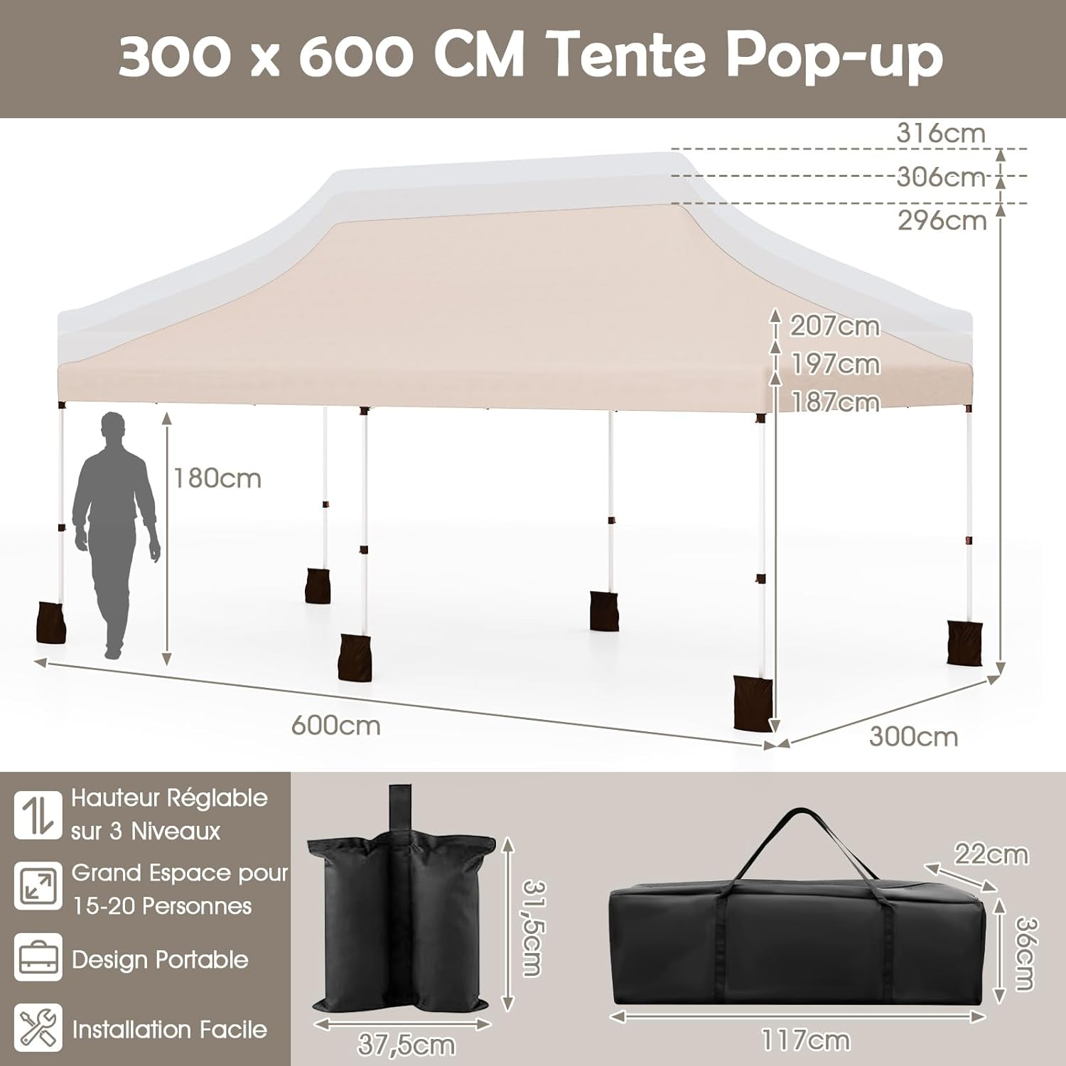 3x6M Tienda Gazebo Emergente, Gazebo Plegable Portátil con Bolsa de Transporte, 6 Sacos de Arena, Bodas (Beige) - 3