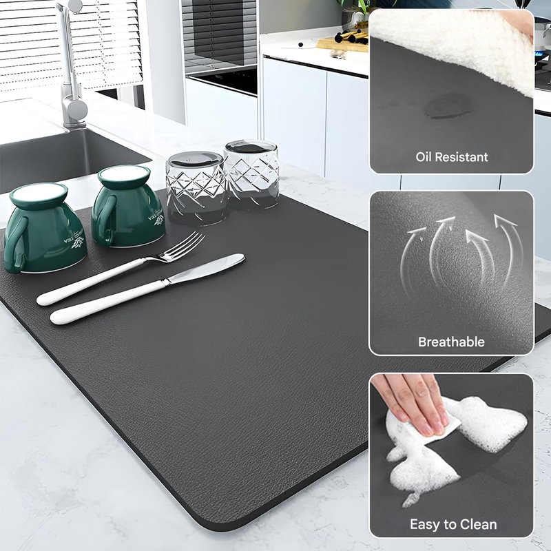 Tapis Égouttoir Diatomite DUJUIKE 50×60 Cm – Ultra Absorbant Antidérapant, Tapis Cuisine Vaisselle Café, Gris Foncé, Protection Comptoir & Animaux