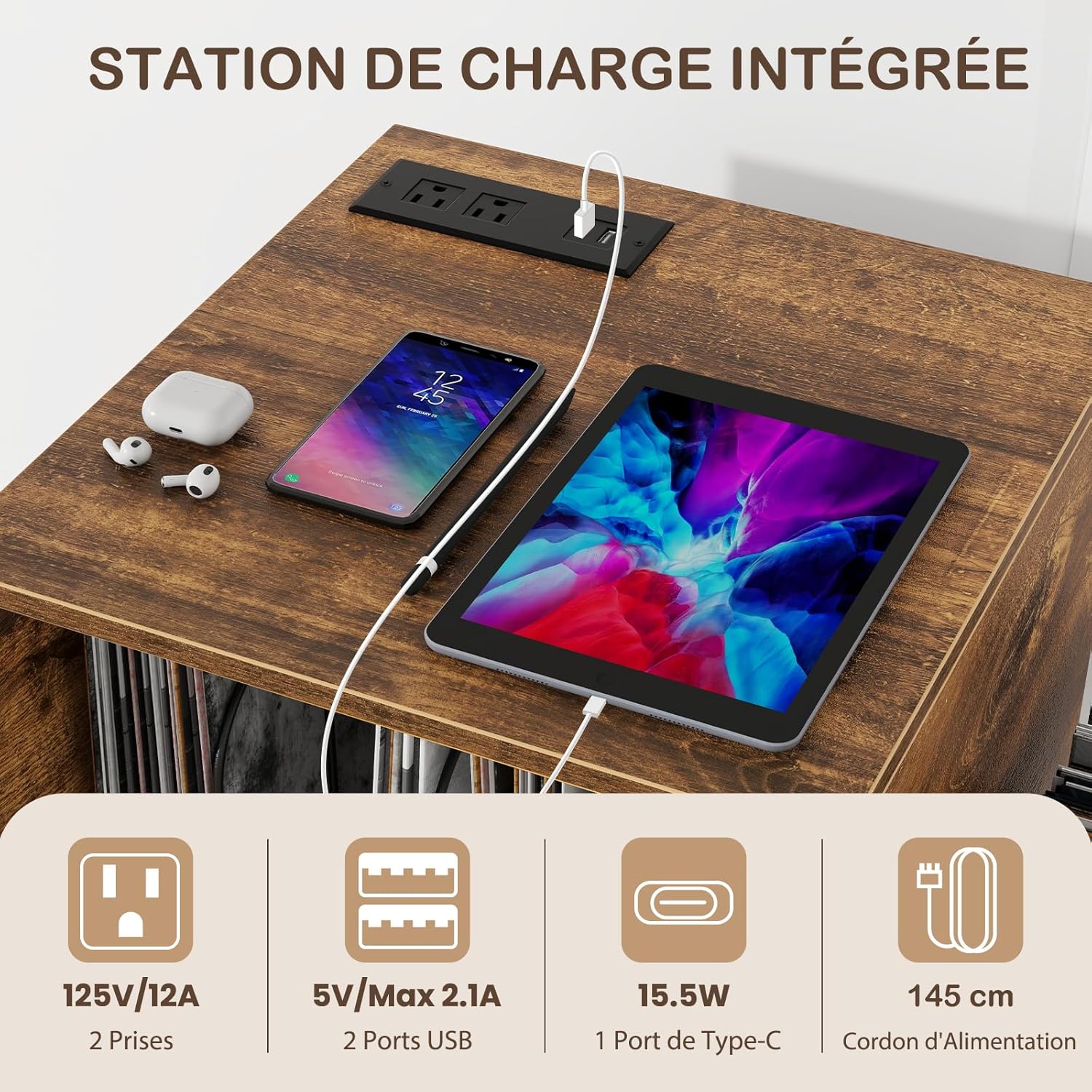 Meuble Rangement Vinyle avec Station de Charge - 2 Prises & 2USB - 66 x 45 x 67CM - Support Tourne-disque avec Séparateur Amovible - Brun Rustique - 5