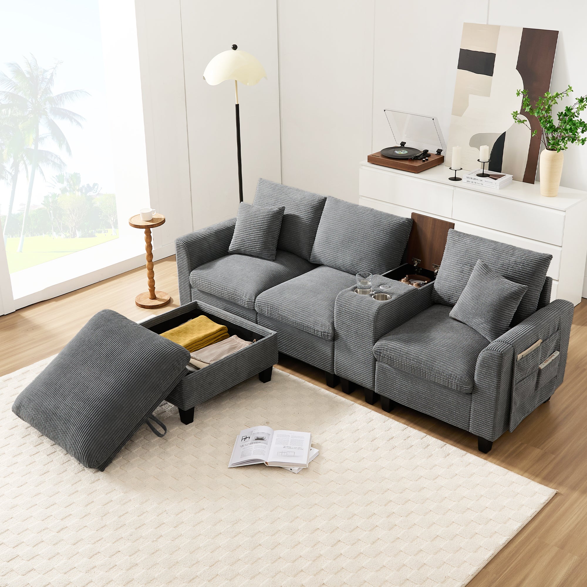 Canapé moderne - avec console - 2 porte-gobelets - port de chargement USB - poches de rangement sur les accoudoirs - avec coussins - gris - 5