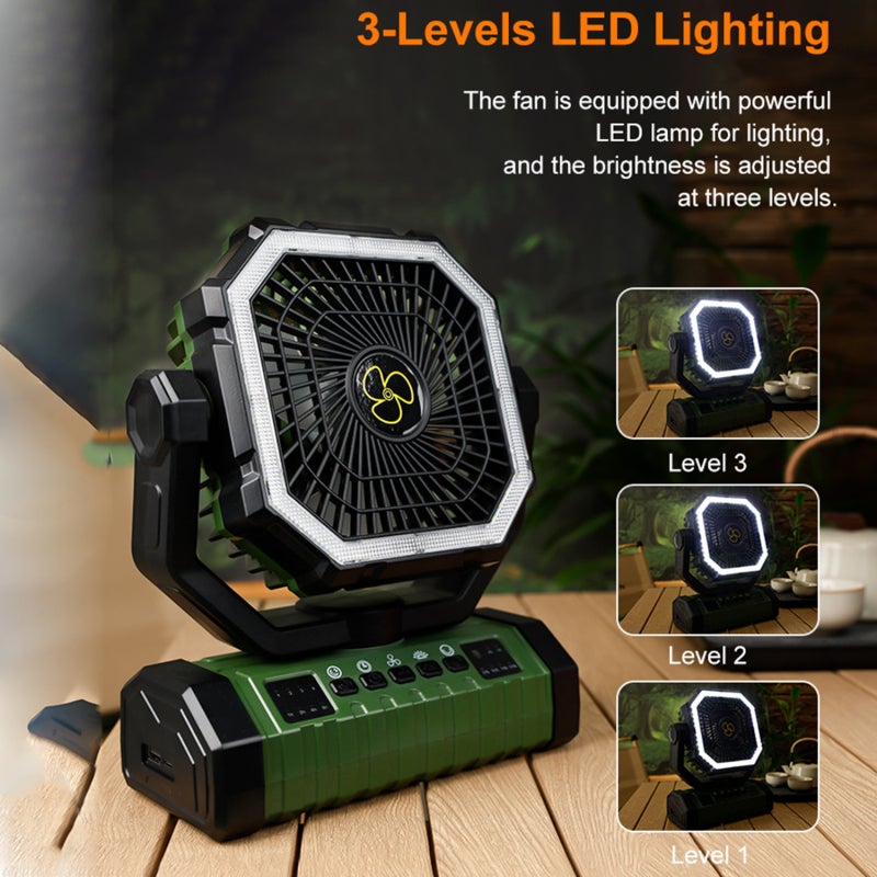 Ventilateur de camping rechargeable avec lanterne LED, télécommande, oscillation (suspendu, batterie longue durée) - 8
