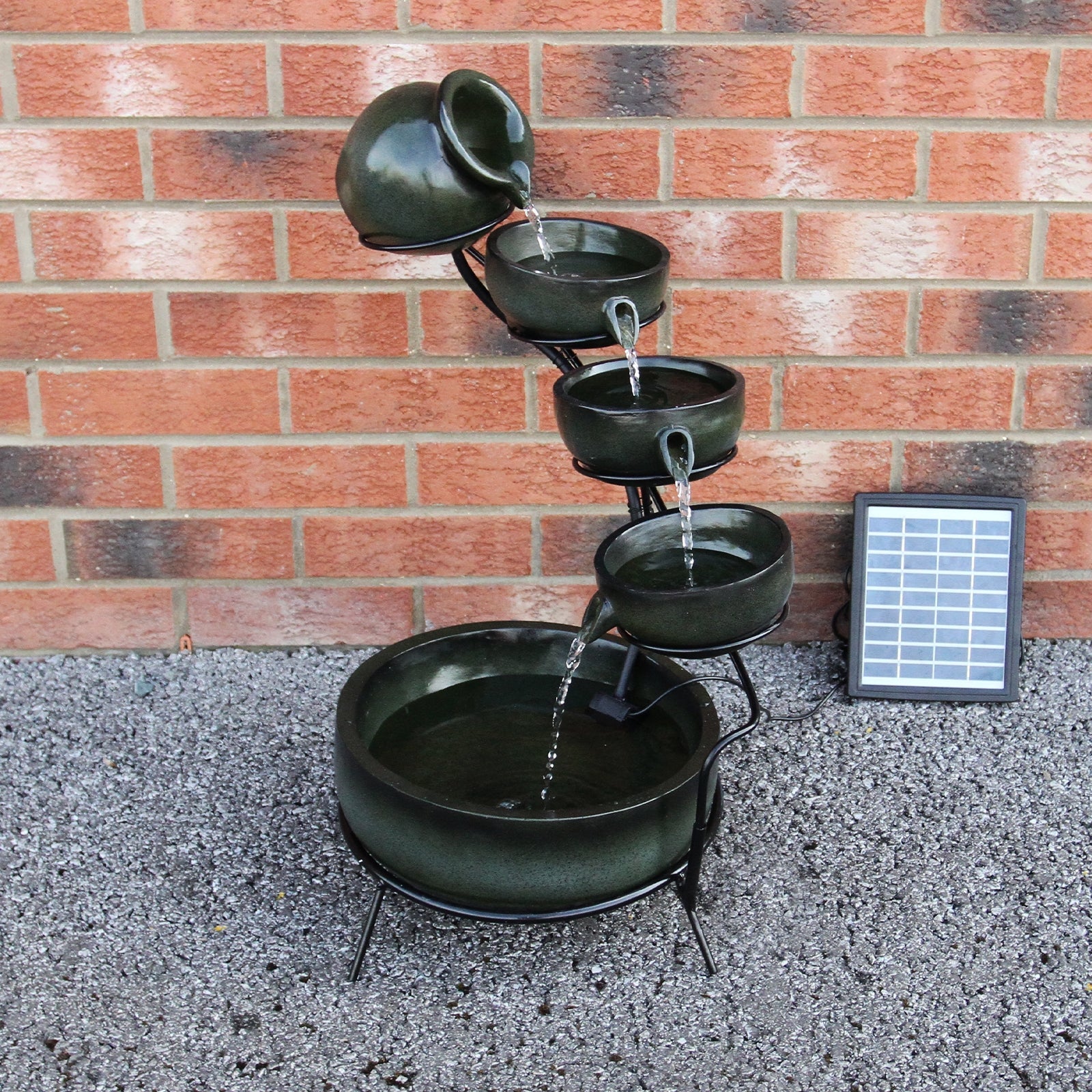 Fontaine de Jardin en Résine Vert Alimenté Par Énergie Solaire Cascade Extérieure - 4 Niveaux - Décoration Extérieure - 6