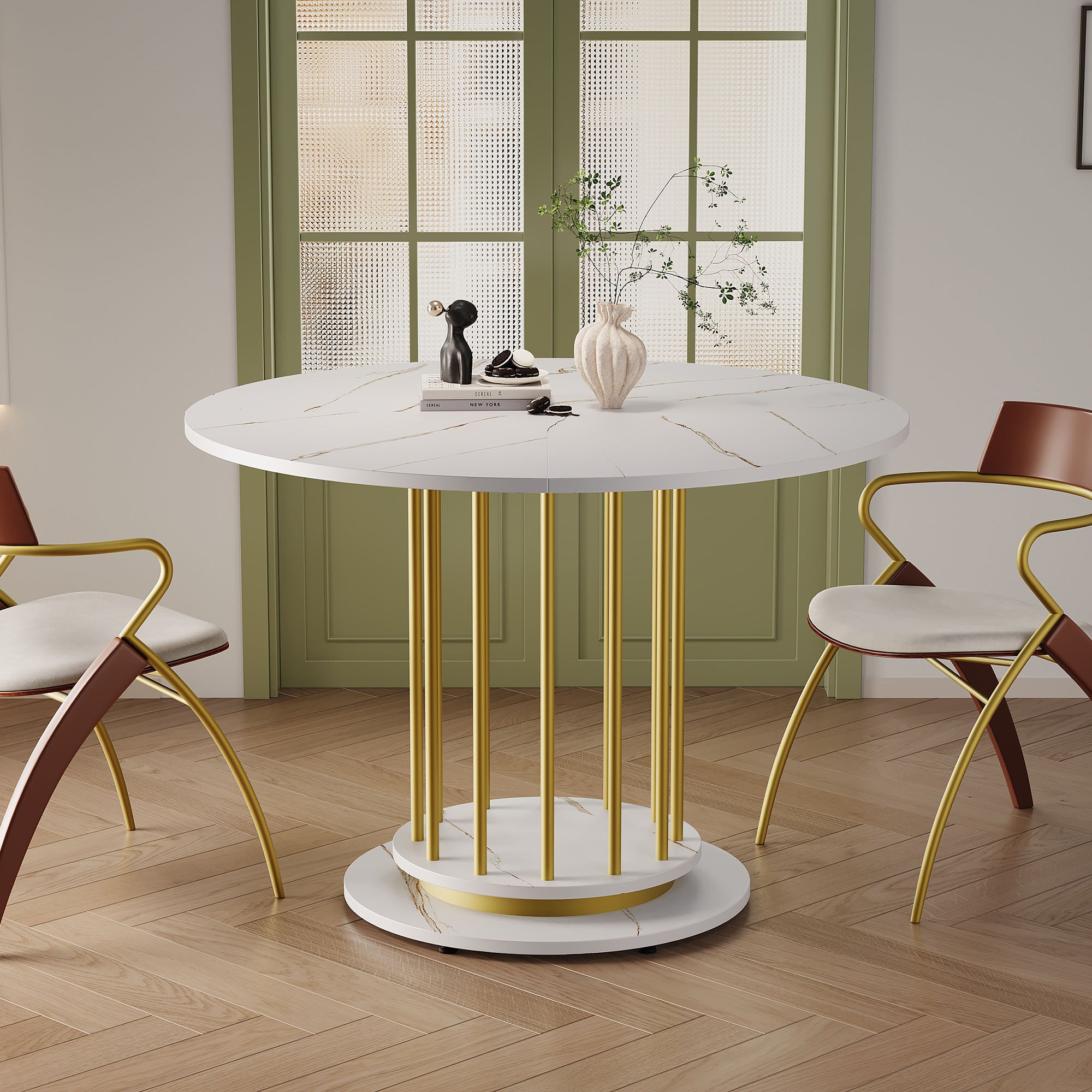 Tavolo da pranzo rotondo, 120 cm, per 4-6 persone, con bordo in legno e due vani portaoggetti. | Leroy Merlin
