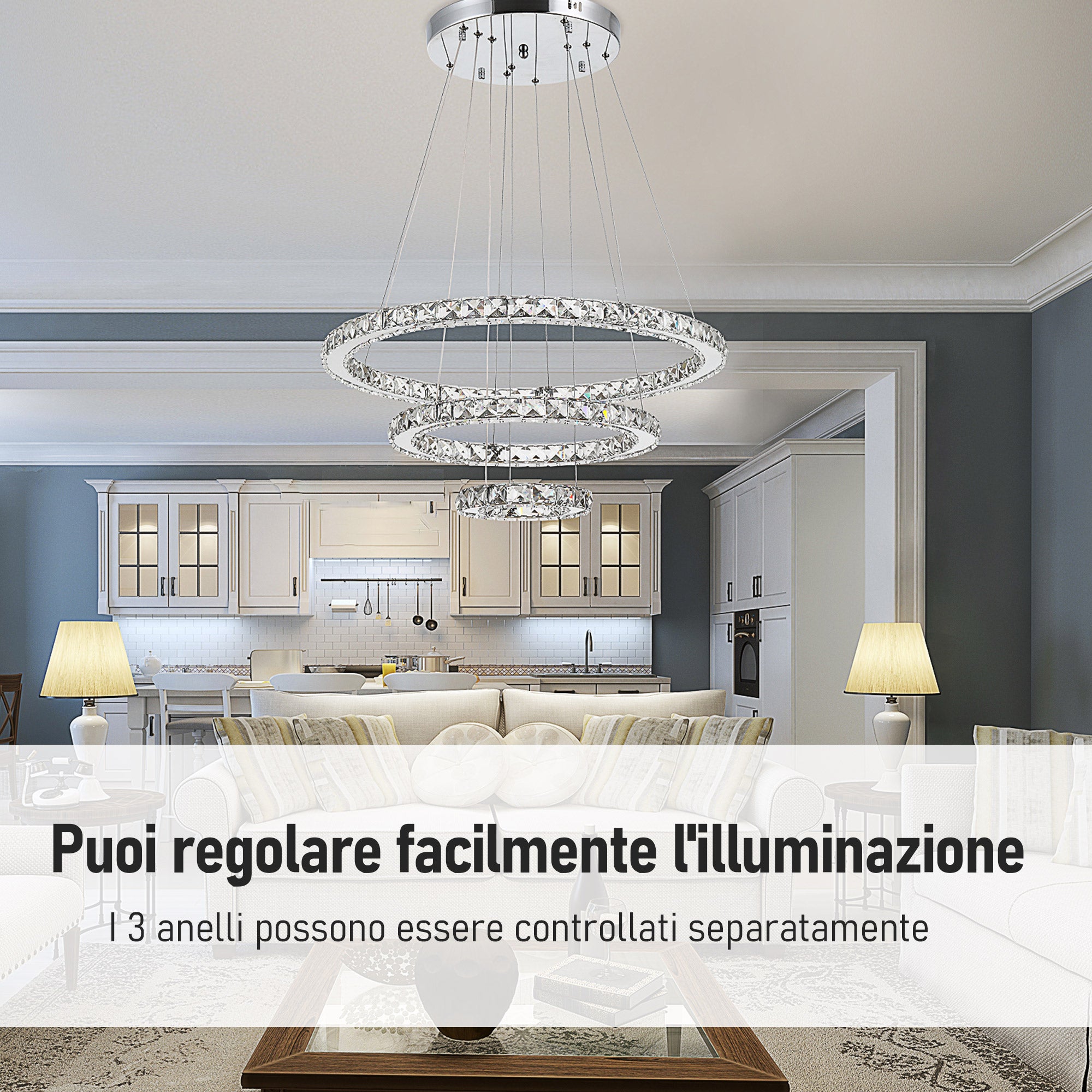 HOMCOM Lampadario a Sospensione con 3 Anelli Regolabili, Luci a LED e Cristalli, Ø60 x 110cm - 5