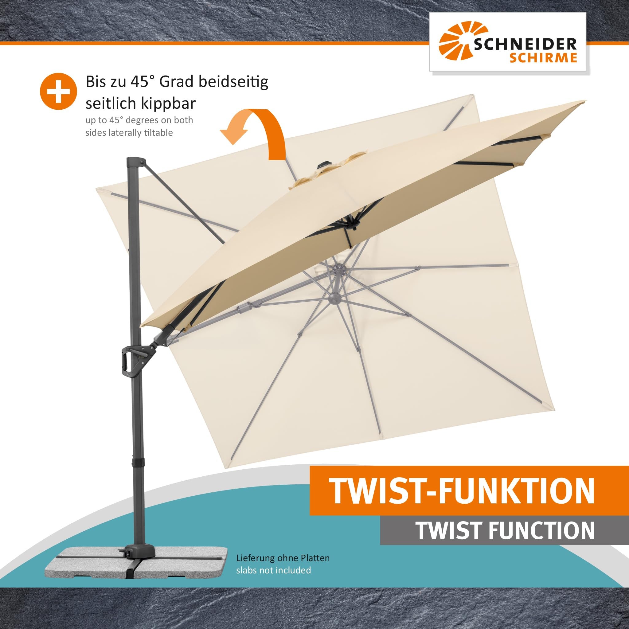 Parasol déporté Schneider Vivasol naturel, 270 x 270 cm – rotatif 360°, inclinable, avec housse et support pour dalles - 4